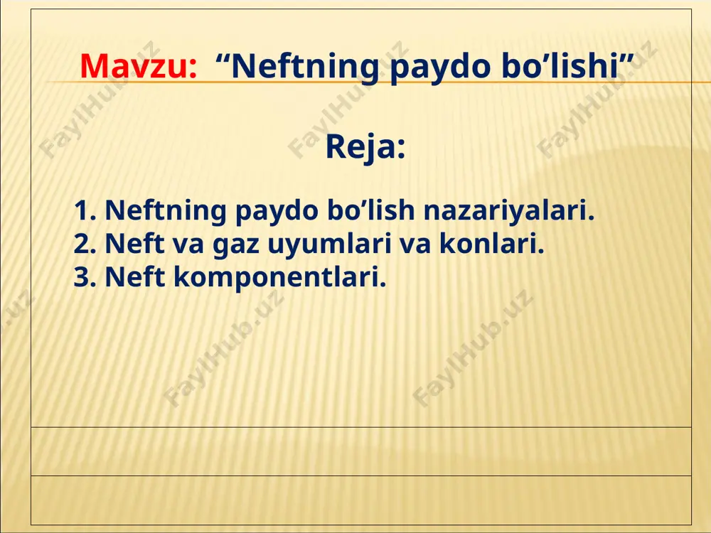 ng yuqori qatlamlariga yetib boradi, deb aytishadi. ushbu nazariyadagi nuqson shundaki, bu tarzda shakllangan manba klasterlari har qanday joyda to‘planishi mumkin. undan ko‘ra loyli slanesni izlab topish ancha osonroq. biroq, mabodo neft va gazning kelib chiqishi noorganik bo‘ladigan bo‘lsa, unda ularning zaxiralari bitmasdir. gap ularni qanday izlab topishda. . neft maxsulotlarining ko’rinishi tashqi ko`rinishiga ko’ra neft o’ziga xоs hidli quyuq mоysimоn suyuqlik bo’lib, turli tusdagi jigar rang ko’rinishga ega. kerоsinni eslatuvchi оch rangli neft kam uchraydi, ba’zan deyarli qora rangdagi, suvda cho’kuvchi qovushoq smоlali suyuqlik ko’rinishida ham uchraydi. оdatda neftning zichligi 0,65 dan 1,3 g/sm3 gacha (neftning zichligi uning tarkibidagi smоlasimоn­-asfaltli birikmalar va qattiq uglevоdоrоdlar miqdоrini ko’payishi hisоbiga оrtishi mumkin) bo`ladi. neftning rangi qancha оch bo’lsa, uning zichligi shuncha kam, оquvchanligi esa katta bo’ladi. neft zichligi bo’yicha uch turga bo`linadi: yengil neft - (0,65...0,87 g/sm3); o’rtacha neft - (0,871...0,910 g/sm3); оg`ir neft - (0,910...­1,3 g/sm3). yonish issiqligi 43,7...46,2 mj/kg (10400 …