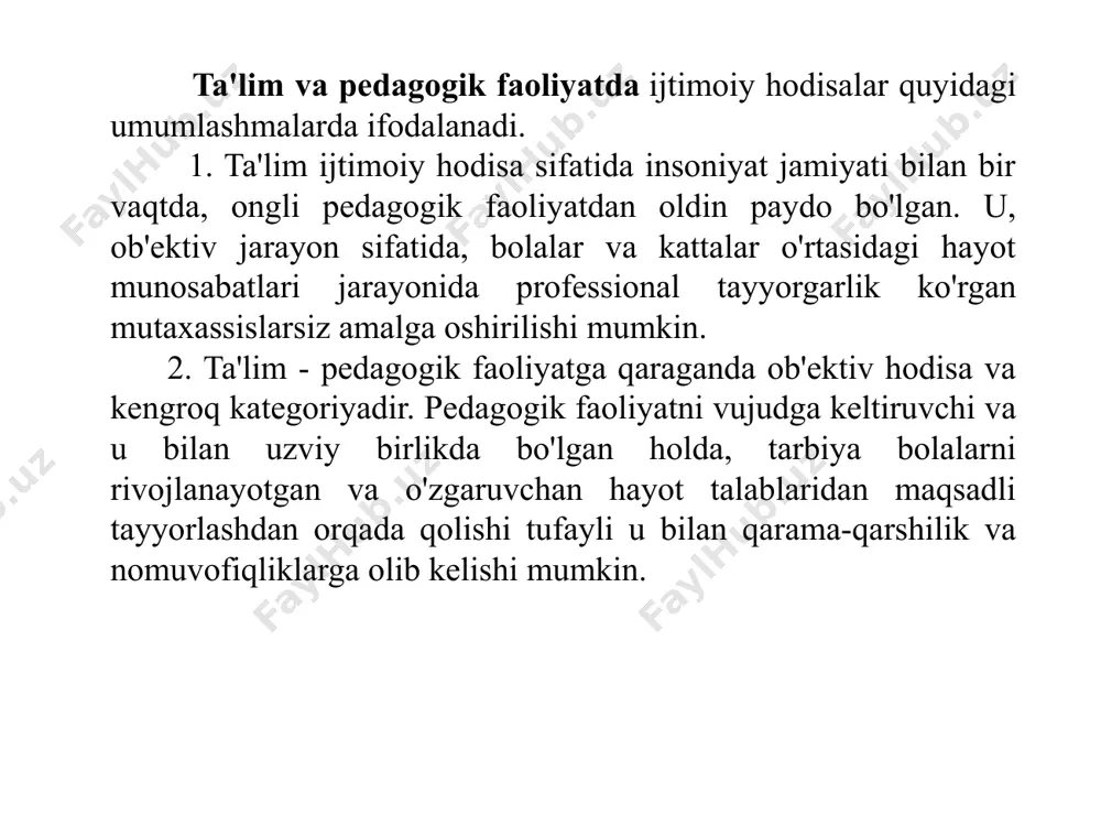 nosabatlar sohasida insoniyat tomonidan to'plangan turli xil ilmiy bilimlar, ko'nikmalar, tajribalar asoslari, umumlashtirilgan shaklda yosh avlodlarga o'tkaziladi. uchinchi komponent - aslida pedagogik bilim, ta'lim tajribasi, mahorat, sezgi. bolalarga samarali ta'sir o'tkazish, ular bilan ta'lim o'zaro munosabatlariga kirishish, ularning tashabbusini rag'batlantirish uchun bilim, ko'nikma va ko'nikmalarni o'zlashtirish, odamlar va dunyo hodisalariga munosabatni shakllantirish qonuniyatlarini chuqur bilish kerak. joy oladi. to'rtinchi pedagogik faoliyatning tarkibiy qismi uning tashuvchisining eng yuqori siyosiy, ahloqiy, estetik madaniyatidir. bunday madaniyat bo'lmasa, pedagogik amaliyotdagi barcha boshqa komponentlar falaj va samarasiz bo'lib chiqadi. ushbu umumiy funktsiya bir qator aniqroq funktsiyalarni o'z ichiga oladi. bularga: a) bilim, ko`nikma va malakalarni uzatish, shu asosda dunyoqarashni shakllantirish; b) ularning intellektual kuch va qobiliyatlarini, hissiy-irodaviy va samarali-amaliy sohalarini rivojlantirish; v) ma'rifatli shaxslar tomonidan jamiyatdagi axloqiy tamoyillar va xulq-atvor ko'nikmalarini ongli ravishda o'zlashtirishni ta'minlash; d) voqelikka estetik munosabatni shakllantirish; e) bolalar salomatligini mustahkamlash, ularning jismoniy kuchi va qobiliyatlarini rivojlantirish. /docprops/thumbnail.jpeg