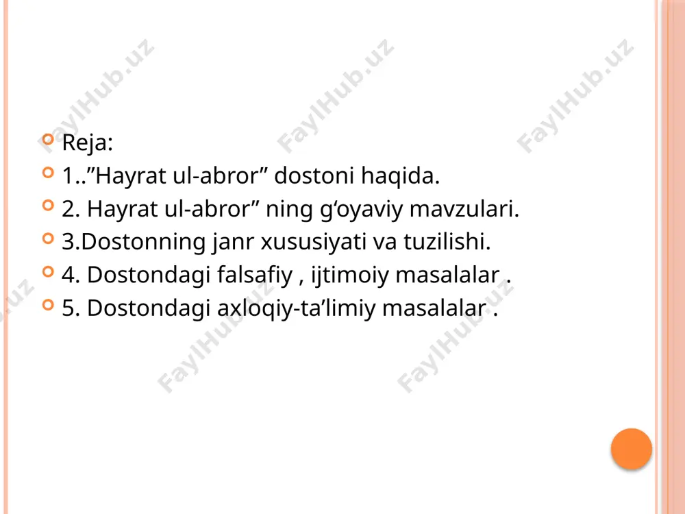 a taʼrif bergan. navoiy dostonning “uchinchi hayrati” deb nomlangan 21-bobini bahouddin naqshband taʼlimoti va tariqati markaziy osiyodan chin diyorigacha yoyilgani va uning xalifasi xoja ubaydulloh ahror madhiga bagʻishlagan dostonning 22-bobidan asosiy qism boshlanadi. u maqolat va hikoyatlardan tashkil topgan 40 bobni oʻz ichiga oladi. maqolatlar muayyan bir axloqiy-falsafiy mavzuga bagʻishlangan boʻlib, shoir dastlab ushbu mavzuga munosabat bildiradi, uning yuzasidan oʻz fikr-mulohazalarini bayon qiladi, soʻngra shunga mos ibratli hikoya keltiradi. asarning 25-bobidan imom, orif, zohidlar sayyidi abu isʼhoq ibrohim ibn adham qissasi[7], beshinchi maqolatning 31-bobidan sharq adabiyotida hotamtoy deb tanilgan, saxiylikning eng oliy timsoli sanalgan abu safona (adiy) hotam ibn abdulloh ibn saʼd toʻgʻrisidagi afsonalar oʻrin olgan. bu shaxs arablarning toy qabilasi boshligʻi boʻlgan. oʻta saxovatli boʻlgani uchun koʻplab mutafakkirlar hotam nomini hurmat bilan yodga olgan “hayratul abror” dostonidagi hikoyatlar falsafiy-axloqiy qarashlarni ifoda etsa-da, mohiyatan insonni komillik, ilm-maʼrifat, iymon, qanoat, adolat kabi fazilatlar bilan kamolotga erishishga qayta-qayta daʼvat qiladi. asarning bosh …