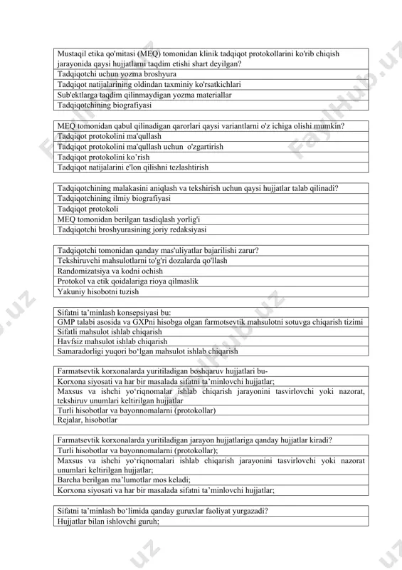 ektining xuquqlari va xavfsizligi sub'ektning iqtisodiy manfaatlari tekshiruv mahsulotining narxi tadqiqot natijalarini tezroq e'lon qilish klinik tadqiqotni etik baholashda qanday omillar inobatga olinishi kerak? tadqiqot sub’ektiga ko'rsatilayotgan kutilayotgan foyda sub’ektni baholash tadqiqotning ilmiy asosliligi bo'lishi tadqiqotchi shaxsiy hayotini oshkor qilinishi tadqiqot ishtirokchilari uchun ko'ngilli rozilik olishda qanday qoidalarga rioya qilish kerak? sub'ekt rozilik berishda erkin va ogoh bo'lishi sub'ektning yoshi va jinsiga qarab rozilik berish sub'ektlarning hayot tarziga aralashish sub'ektdan rozilik olish uchun har qanday bosim o'tkazish mustaqil etika qo‘mitasi (meq) o‘z faoliyatini qaysi hujjatlarga asoslanib olib boradi? klinik tadqiqot protokoli shaxsiy kuzatuvlarni qo'llash amaliyoti meq qarorlari ishchi mehnat shartnomasi mustaqil etika qo'mitasi (meq) tomonidan klinik tadqiqot protokollarini ko'rib chiqish jarayonida qaysi hujjatlarni taqdim etishi shart deyilgan? tadqiqotchi uchun yozma broshyura tadqiqot natijalarining oldindan taxminiy ko'rsatkichlari sub'ektlarga taqdim qilinmaydigan yozma materiallar tadqiqotchining biografiyasi meq tomonidan qabul qilinadigan qarorlari qaysi variantlarni o'z ichiga olishi mumkin? tadqiqot protokolini ma'qullash tadqiqot protokolini ma'qullash …