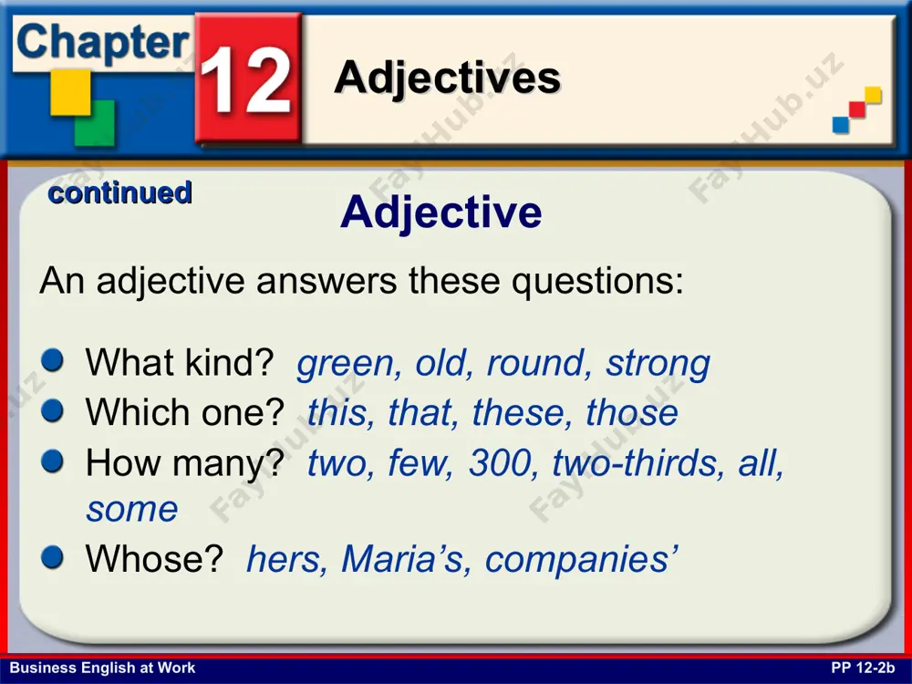 form a compound adjective before a noun. a 4-foot workstation a 15-pound object do not use a hyphen when the expression consisting of a number and noun follows the noun. a workstation that is 4 feet an object that is 15 pounds business english at work adjectives numerical compound adjectives pp 12-15 use hyphens in the numbers between 21 and 99 when the numbers are written as words. eighty-two out of one hundred adults will suffer back problems at some point in their lives. our note to the bank is for $35,533 (thirty-five thousand five hundred thirty-three dollars). business english at work adjectives series of compound adjectives pp 12-16 use a hyphen in a series of compound adjectives even though the base noun does not follow each adjective. are you able to lift 15-, 20-, or 30-pound objects? we had an opportunity to choose 4-, 6-, or 8-foot workstations. business …