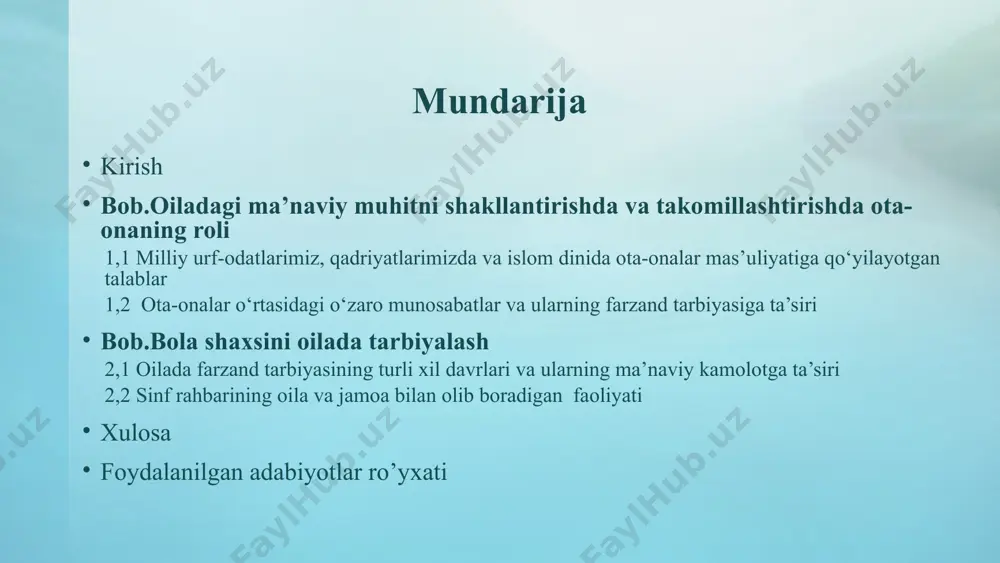 ish - uning onasini hurmat qilishdan, uy ishlarida unga yordamlashishdan boshlanmog’i darkor. bunday mehr-muruvvat farzand tug’ilgandan boshlab emas, balki u ona qornida bo‘lgan davridanoq boshlanishi kerak. ruhshunoslar - homiladagi bola o‘z extiyojlarini ona tili orqali aytadi. homilador ayol ba’zi narsalarni iste’mol qilgisi keladi oilaning asosi ota-onadir. ota-ona o‘rtasidagi o‘zaro muhabbat, ishonch, hamkorlik va hamfikrlik, izzat-ikrom, munosabatlar samimiyligi – oila mustahkamligini ta’minlash uchun zamindir – farzand uchun namuna maktabidir. tabiatan erkak va ayol jinsiga xos xususiyatlar bo‘lgani kabi, oilada ular bajarishi lozim bo‘lgan mehnat turlari, farzand, oila, qarindosh-urug’, jamiyat oldidagi burch va vazifalari mavjuddir. er-xotinning oqilligi o‘z burch va vazifalariga mas’uliyat bilan yondashishi oqibatida boshqariladigan oilada moddiy va ma’naviy barqarorlik, tinchlik, sog’lom ma’naviy muhit hukmron bo‘ladi. ota-onalar o‘rtasidagi o‘zaro munosabatlar va ularning farzand tarbiyasiga ta’siri. musulmonchilikda erkak kishi zimmasiga oilani boshqarish uchun katta mas’uliyatlar yuklatilgan va shuning uchun erga tegishli vakolatlar berilgan. erkak oilaning boshlig’i ekan, oilada erkak xotini va farzandlari …