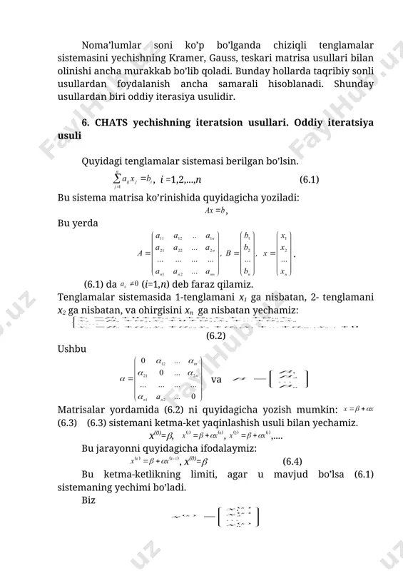vchi. . nolinchi yaqinlashish: , . (6.4) formula yordamida hisoblashlarni bajaramiz. ushbu jadval hosil bo’ladi. yaqinlashishlar (k) x1 x2 x3 0 2 3 5 - - - 1 1,92 3,19 5,04 0,08 0,19 0,04 2 1,9094 3,1944 5,0446 0,0106 0,0044 0,0046 3 1,90923 3,19495 5,04485 0,00017 0,00055 0,00025 bunda , , bajariladi. x=x(3) chts ning taqribiy ildizi. tenglamalar sistemasini oddiy iterasiya usulida yechish uchun abc pascal algortmik tilida tuzilgan dastur matni. program iter_sis; uses crt; label 1,2; const n=3; {tenglamalar coni} type matrisa=array[1..n,1..n] of real; vektor=array[1..n] of real; var a,a1:matrisa; x,x0,b,b1:vektor; eps,s:real; i,j,k:integer; begin clrscr; for i:=1 to n do begin for j:=1 to n do begin write('a[',i:1,',',j:1,']='); read(a[i,j]) end; write('b[',i:1,']='); read(b[i]); end; eps:=0.0001; for i:=1 to n do begin b1[i]:=b[i]/a[i,i]; for j:=1 to n do a1[i,j]:=-a[i,j]/a[i,i] end; for i:=1 to n do begin x0[i]:=b1[i]; a1[i,i]:=0; end; 2: for i:=1 to n do begin s:=0.0; for j:=1 to n do …