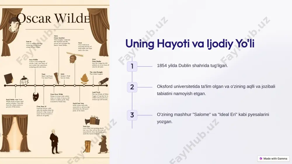 qadriyatlarni qayta ko‘rib chiqishga undaydi. oskar uayld o‘ziga xos uslubda muhabbat va fojia haqida ibratli asar yaratgan. asarlarida aks etgan g'oyalar va ezgulik 1 ezgulik ezgulik g'oyasi uning ertaklarining asosiy mavzusidir. 2 mehr-muhabbat uning ertaklarida mehr-muhabbatning ahamiyati va kuchliligi ta'kidlanadi. 3 yaxshilik uning ertaklarida yaxshilik yomonlikka qarshi kurashda g'alaba qozonadi. 6 oskar uayldning "kentervillik arvoh" (the canterville ghost) asari uning eng mashhur va qiziqarli novellalaridan biridir. bu hikoya o‘z ichida hazil, satira va fojiani uyg‘unlashtirib, arvohlar haqidagi klassik tasavvurlarga yangi qarash olib kiradi. mavzular: 1. yangi va eski dunyo o‘rtasidagi ziddiyatlar: otislar oilasi amerikaning amaliy, zamonaviy va skeptik madaniyatini ifodalaydi, sir simon esa eski, romantik va ruhiy e’tiqodlarni. 2. kecha va bugun: hikoya eski dunyo qadriyatlari va yangi dunyo ilmiy yondashuvlarini hazil aralash o‘rganadi. 3. kechirim va qutulish: sir simonning kechirilishi va uning oxirgi manzilga yetib borishi, insoniyatning qayta tiklanish imkoniyati haqidagi chuqur fikrni ochib beradi. asarning o‘ziga xos jihatlari: …