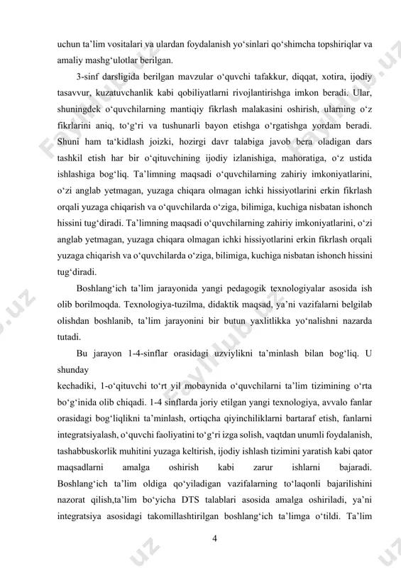 оila va davlat оldidagi o‘zmаs’uliyatini anglaydigan har jihatdan barkamol erkin shaxsni shakllantirish maqsadini ko‘zlaydi. kurs ishi maqsadi: boshlang‘ich sinflar matematika darslarida ijodiy qobiliyatni shakllantirishda pedagogik texnologiyalardan foydalanish asosini ishlab chiqish. kurs ishi obyekti: umumiy o‘rta ta’limning boshlang‘ich sinflaridagi o‘quv-tarbiyaviy jarayoni. kurs ishi predmeti: boshlang‘ich sinflar matematika darslarida ijodiy qobiliyatni shakllantirishda pedagogik texnologiyalardan foydalanish. kurs ishi tuzilishi: kurs ishi kirish, 2 ta bob, xulosa, foydalanilgan adabiyotlar ro‘yxatidan iborat. i bob boshlang‘ich sinf matematika darsligida ijodiy topshiriqlar ustida ishlash nazariyasi 1.1 boshlang‘ich sinf matematika darsligidagi arifmetik materiallar ustida ijodiy ishlash nazariyasi boshlang‘ich matematika kursining asosiy materiali natural sonlar va asosiy kattaliklar, matematikasidir. butun boshlang‘ich ta‘lim davomida bolalarda natural son va arifmetik amallar haqidagi tushunchalarni shakllantirish ishlari olib boriladi. boshidanoq bu ish tushunchalarni amaliy qo‘llanishining turli usullarini qarab chiqish bilan, bolalarning sonlarni ba’zi xossalarini, o‘nli sanoq sistemasini, arifmetik amallarni va ularga asoslangan hisoblash usullarini o‘zlashtirishiga yo‘naltirilgan ish bilan o‘zaro bog‘liq holda amalga oshiriladi. …