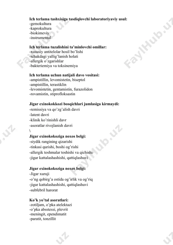 n xarakterli toshmani ko’rsating? -gemorragik nekroz bilan birga -dog’li -tugunli -papullyoz meningokokkemiyaning yashinsimon shaklini davolash uchun ishlatiladigan preparatni ko’rsating? -levomistetin -penistillin -ampistillin -ampioks meningokokkli infekstiya klinik tasnifiga noxos shakllar: -me’da ichak -o’tkir nazofaringit -meningit -meningokokkstemiya meningokokkli infekstiya tashxisotida qo’llanilmaydigan uslub: -qon surtmalarini bakterioskopik tekshirish -qon ekmasi -likvorni bakteriologik tekshirish -gemorragik toshma kirrindisidan bakteriologik tekshirish meningokokkli infekstiya uchun noxos klinik belgilar: -qorin og’rig’i -tana haroratining ko’tarilishi -kuchli bosh og’rig’i -qusish meningokokkli infekstiya uchun noxos laborotoriyaaiy usul: -rinomitoskopiya -gemokultura -likvor o’zgarishlari -halqumdagi surtma meningokokkli infekstiya uchun noxos meningial belgi: -lassega belgisi -ensa mushaklari taranglashuvi -kernig belgisi -brudzinskiy belgisi o’lat bubonli shakli noxos belgi: -teri toshma -limfa tugunlari kattalashuvchi -limfa tugunlarida kuchli og’riq -limfa tomirlari yo’nalishi bo’yicha og’riq o’lat joylashishiga ko’ra qanday klinik shakllarga ega? -yuqoridagilarning hammasi -teri -bubon -o’pka o’lat klinikasi uchun noxos belgi -teri sarg’ayishi -tana harorati oshishi -bur rangli til -kuchli bosh og’riq o’lat patogenezida asosiy zveno: -a’zo va to’qimalar …