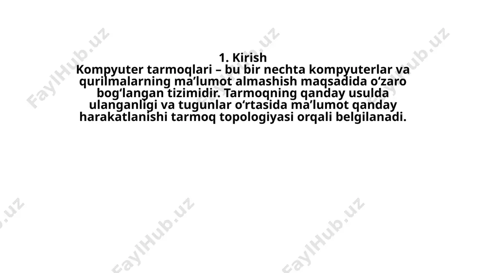 buziladi. halqa (ring) topologiyasi to‘liq bog‘langan (mesh) topologiyasi har bir tugun boshqa barcha tugunlar bilan alohida kanal orqali ulanadi. afzalligi: eng ishonchli topologiya, bitta ulanish uzilsa ham tarmoq ishlashda davom etadi. kamchiligi: juda ko‘p kabel va katta xarajat talab etadi. to‘liq bog‘langan (mesh) topologiyasi aralash (hybrid) topologiya yuqoridagi topologiyalarning turli elementlarini o‘zida birlashtiradi. masalan, yulduz va halqa yoki shina va yulduz kombinatsiyasi. afzalligi: katta tarmoqlarni moslashuvchan qurish imkoniyati. aralash (hybrid) topologiya topologiyani tanlash mezonlari armoq topologiyasini tanlashda quyidagilar e’tiborga olinadi: tarmoq hajmi va miqyosi. xarajat va texnik imkoniyatlar. ishonchlilik darajasi. ma’lumot uzatish tezligi. kengaytirish (masalan, yangi tugunlar qo‘shish) qulayligi. xulosa tarmoq topologiyasi – bu kompyuter tarmoqlarini samarali ishlashida hal qiluvchi omillardan biridir. har bir topologiyaning o‘z afzalliklari va kamchiliklari mavjud bo‘lib, amaliyotda ko‘pincha aralash topologiyalar qo‘llaniladi. image1.jpeg image2.jpeg image3.jpeg image4.jpeg image5.png image6.jpeg image7.png image8.png /docprops/thumbnail.jpeg