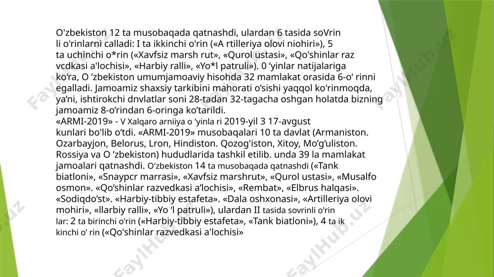 t sarhadlarini himoya qilishdagi o‘mi va ahamiyali xususida 10‘xtalib, bugungi kunda aviatsiya mutaxassislarini layyorlovchi dargoh, ya’ni jizzax oliy harbiy aviatsiya bilim yurtini qarshi shahriga ko‘chirish. xonobod aerodromi bomajak uchuvclii va muhandislik yo'nalishidagi kursantlarni tayyorlashda amaliyot maskani sifatida xizmat qiiishi lozimligi xususida o'z taklilini oldinga surdi. shundan so'ng o'zbekiston respublikasi prezidentining 2018-yil ik-yan vardagi qaroriga muvofiq jizzax oliy harbiy aviatsiya bilim yurti o'zbekiston respublikasi oliy harbiy aviatsiya bilim yurti, deb qayta nomlandi. qarshi shahrida zamon talablariga to‘liq javob bcradigan, dunyoda o‘z o‘miga cga bo’lgan aviatsiya mutaxassislarini tayyorlashga mosoliy harbiy ta’lim muassasa si barpo ctildi. amalga oshirilgan bu ladbir yctakchi xorijiy davlatlar vakillarida katta qiziqish uyg’otdi. ular oliy harbiy aviatsiya bilim yurtiga tashrif buyurgan larida bu yerda yaratilgan sharoitlar. zamonaviy o‘quv moddiy-texnik baza si. yuqori malakali professor-o'qituvchilar tarkibi mavjudligini e'tirof ctdilar. jumladan, 2021-yil aprel oyida bilim yurtiga rossiya federatsiya delegatsiyasi tarkibida dunyoga mashhur insonlar, uchuvchi-kosmonavt, iste’fodagi aviatsiya general-mayori, ikki karra sovet ittifoqi …