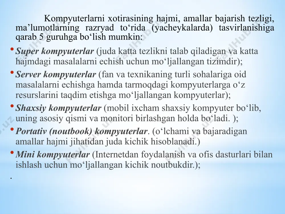 – musiqa va ovozlarni chiqaruvchi, video tasvirlarni ko‘rsatuvchi dasturlar: adobe premier, winamp, media va hokazo. jadval muharirlari – jadvallar bilan ishlovchi dasturlar: lorus, ms excel. ma’lumotlar ombori – ma’lumotlar ombori bilan ishlovchi dasturlar: ms access, dbase, foxpro. avtomatlashtirilgan loyihalash tizimlari –konstruktorlik loyihalash ishlarniga ixtisoslashtirilgan dasturlar (kompas 3d, auto cad). 3. dastur tuzuvchi dasturlar turi – bu yangi dasturlar yaratuvchi dasturlardir. bunday dasturlarga quyidagilarni misol qilib keltirish mumkinbo‘linadi: basic, paskal, java, delphi, turbo paskal, c++ kabi dasturlash tillari. nazorat savollari: kompyuterlar va ularning turlarini izohlang. shaxsiy kompyuterlarning asosiy qurilmalari va ularning vazifalari qanday? shaxsiy kompyuterlarning qo’shimcha qurilmalari qaysilar va ularning vazifasini izohlang? kompyuter dasturlari nima va u qanday vazifalarni bajaradi. kompyuter dasturlari qanday turlarga bo‘linadi va ularning vazifasini izohlang. tizimli dasturlarning hozirgi ahvoli va rivojlanish taraqqiyoti nimalardan iborat. amaliy xizmat dasturlari bilan instrumental dasturlarning qanday farqlari bor. dasturlash tillari va ularning tasnifini izohlang. e’tiboringiz uchun raxmat ! kbuoysha69@gmail.com 998916069778 image1.png image2.jpg …