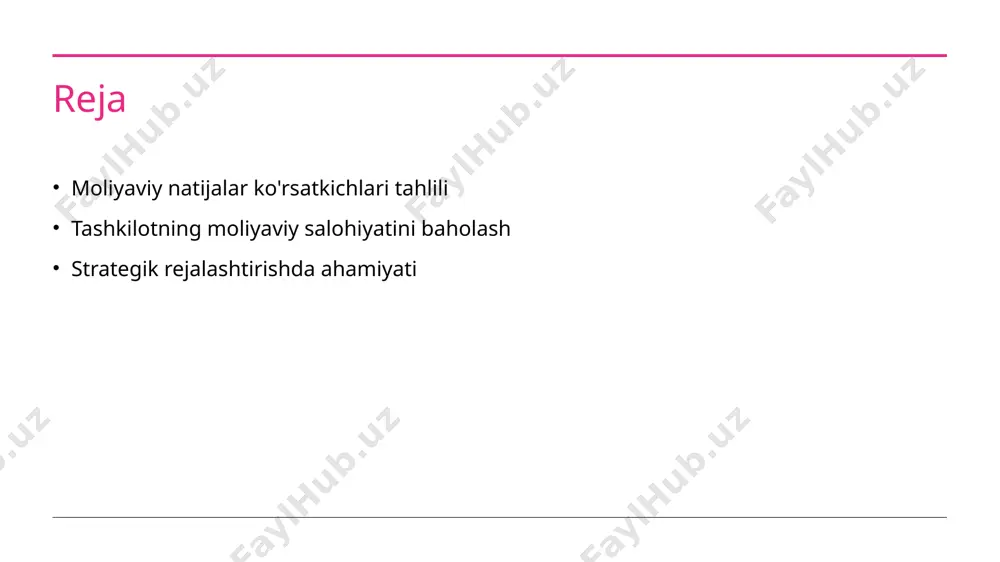 oshiradi. tashkilotning moliyaviy salohiyatini baholash metodlari va yondashuvlari. 1 moliyaviy tahlil tashkilotning moliyaviy salohiyatini baholash uchun moliyaviy tahlil muhimdir. bu usul, ko'rsatkichlar orqali moliyaviy holatni aniqlash imkonini beradi. 2 ko'rsatkichlar moliyaviy ko'rsatkichlar, rentabellik, likvidlik va qarz koeffitsiyenti kabi asosiy o'lchovlarga asoslanadi. ular tashkilotning moliyaviy salohiyatini aniq ko'rsatadi. 3 yondashuvlar tahlil yondashuvlari, tarixiy va prognozli ma'lumotlarga asoslangan holda, tashkilotning uzoq muddatli moliyaviy strategiyasini shakllantirishga yordam beradi. moliyaviy salohiyatni baholashda muhim ko'rsatkichlar va ularning tahlili. moliyaviy ko'rsatkichlar tashkilotning moliyaviy salohiyatini baholashda asosiy ko'rsatkichlar, masalan, rentabellik va likvidlik ko'rsatkichlari ajralmas ahamiyatga ega. tahlil usullari moliyaviy ko'rsatkichlarni tahlil qilishda turli usullar qo'llaniladi, jumladan, vertikal va gorizontal tahlil, bu esa ma'lumotlarni yaxshiroq anglash imkonini beradi. strategik ahamiyati moliyaviy ko'rsatkichlar tashkilotning strategik rejalashtirish jarayonida muhim rol o'ynaydi, chunki ular qarorlar qabul qilishda asosiy ma'lumot manbai hisoblanadi. tashkilot moliyaviy salohiyatining strategik rejalashtirishdagi roli. 1 tashqi muhitga moslashuv tashkilotning moliyaviy salohiyati, strategik rejalashtirishda tashqi muhit o'zgarishlariga moslashish imkoniyatini …