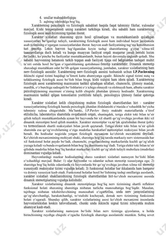 iga bog‘liq. xarakterning intellektual, hissiy va irodaviy xislatlarini ajratish mumkin. xarakter deganda shaxsda muhit va tarbiya ta’sirida tarkib topgan va uning irodaviy faoliyatida, atrofdagi olamga o‘z-o‘ziga bo‘lgan munosabatlarida namoyon bo‘ladigan individual xususiyatlarni tushunamiz. xarakterning juda ko‘p xususiyatlari odamning ish harakatlarini belgilovchi chuqur va faol moyillik hisoblanadi. mana shu moyilliklarda xarakter xislatlarining undovchilik kuchi namoyon bo‘ladi. odam xarakter xislatlarining ana shunday undovchilik kuchi tufayli ko‘pincha ob’ektiv sharoitlarga zid ish qiladi va mutlaqo maqsadga nomuvofiq harakat usullarini qo‘llaydi. xarakter xislatlari ma’lum tarzda harakat qismlariga, ba’zan esa sharoitga qarama-qarshi harakat qilishga undar ekan, ular hayotiy qiyin daqiqalarda yaxshiroq namoyon bo‘ladilar va bu xarakterni, shuningdek barkamol avlodni tarbiyalashning muhim vazifasidir. shaxsning qa’tiyatlilik, tanqidiylik, fahm- farosat, kuzatuvchanlik kabi xislatlari intellektual, quvnoqlik, mehribonlik hissiy-irodaviy sifatlarga kiradi. odatda shaxsning munosabatlari xarakter xislatlarining individual xususiyatlarini ikki xilini aniqlash imkoniyatiga ega:  shaxs xarakterining xususiyati ro‘yobga chiqadigan har qanday vaziyat hissiy kechinmalarning o‘ziga xos xislati uning munosabatlariga bog‘liq.  …