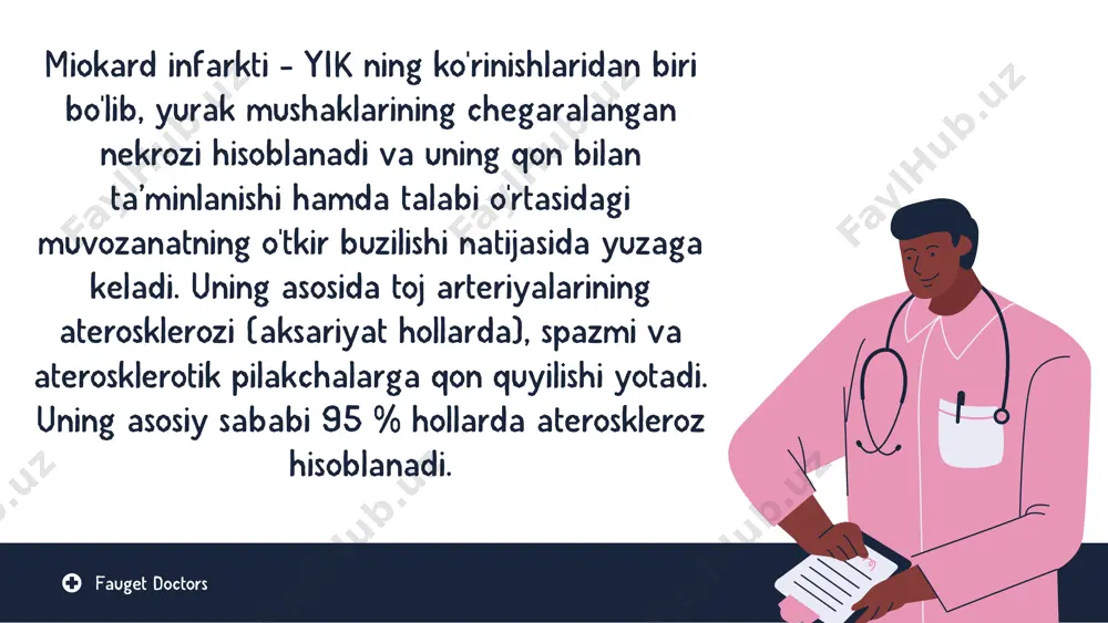 ард инфаркти. mayda uchoqli yani q tishchasiz -subendokardial -subepikardial -intramural yirik uchoqli yani q tishchali -transmural -notransmural fauget doctors fauget doctors q тишчасиз миокард инфаркти субэндокардиал ишемия. экг да баланд, ўткир чўққили ва симметрик т тишча кузатилади. бу тишча яна коронар т тишча деб ҳам номланади.. т тишчанинг бундай ўзгариши субэндокардиал қатламдаги қон айланишининг бузилиши билан кечадиган стенокардия хуружи вақтида ҳам кузатилади. субэндокардиал шикастланиш. экг да st сегментнинг изолиниядан 0,5мм дан кўпроқ пастга силжиши кузатилади. ушбу сегмент горизонтал, яъни изолинияга параллел бўлади. т тишча манфий. бу ҳолат q тишчасиз субэндокардиал миокард инфаркти учун хос fauget doctors субэпикардиал ишемия. субэпикардиал шикастланиш. т тишча манфий, чуқур (7мм дан кўроқ) ва симметрик бўлади. бундай ўзгариш q тишчасиз субэндокардиал миокард инфаркти учун хос. яна бундай ўзгарган т тишча юрак миокардининг субэпикард қатламидаги қон айланишининг бузилиши билан кечувчи стенокардия хуружида ҳам кузатилади. st сегментнинг изолиниядан 1мм дан кўпроқ юқорига силжиши кузатилади. ушбу сегмент горизонтал, яъни …