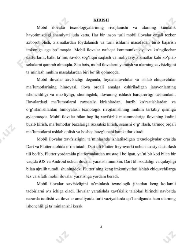 h, va ko‘p funksiyalilik kiradi. mobil ilovalarni yaratishda ishlab chiquvchilar foydalanuvchi tajribasini (ux) birinchi o‘ringa qo‘yib, interaktivlik va ilovaning intuitiv boshqarilishini ta’minlashga harakat qiladilar. mobil ilovalar yaratishda xavfsizlik ham asosiy masalalardan biri hisoblanadi. foydalanuvchi ma’lumotlarining maxfiyligi va xavfsizligi, ayniqsa to‘lovlar, shaxsiy ma’lumotlar, va foydalanuvchi identifikatsiyasi bilan bog‘liq jarayonlarda alohida e’tibor talab qiladi. ilovalarni kriptografiya orqali shifrlash, autentifikatsiya jarayonlarini yaxshilash va foydalanuvchi ma’lumotlarini saqlashda himoya qatlamlarini qo‘llash bugungi kunda juda muhimdir. shuning uchun, mobil ilovalarni ishlab chiqishda xavfsizlik talablariga mos algoritmlar, jumladan https, ssl/tls, va oauth kabi texnologiyalar qo‘llaniladi. mobil ilovalar hozirgi kunda texnologik rivojlanishning muhim bo‘lagi bo‘lib, kundalik hayotda, biznesda, ta'limda, va ko'ngilochar sohalarda foydalaniladi. quyida mobil ilovalar haqida batafsilroq tushuncha va asosiy ma’lumotlar keltirilgan. mobil ilovalar bu maxsus dasturiy ta’minot bo‘lib, ular foydalanuvchilarning ehtiyojlarini qondirish va turli funksiyalarni bajarish uchun mobil qurilmalarda ishlaydi. masalan: · ijtimoiy tarmoqlar (instagram, telegram), · o'yinlar (pubg, candy crush), · ish va biznes vositalari …