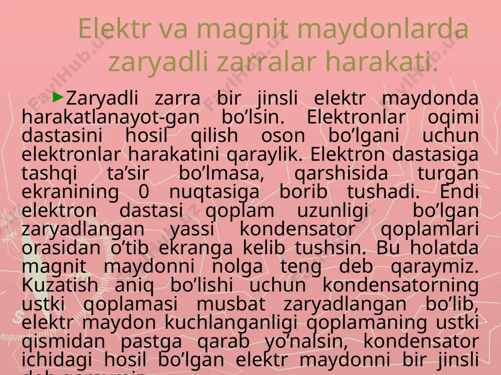 nishlar va yuqori harorat ta’sirida kuchli ionlangan plazma holatida bo’ladilar. gaz bilan plazma orasida quyidagi farq muvjuddir. birinchidan, magnit maydan ta’sirida plazma juda tez hosil bo’ladi. chunki plazma tarkibidagi zarralarga katta miqdordagi lorents kuchi ta’sir etadi. bu neytralda bo’lmaydi. ikkinchidan, plazma tazlarda bo’lmaydi. ikkinchidan, plazma tarkibidagi elektronlar bilan ionlar kulon kuchi ta’sirida o’zaro juda kuchli ta’sirlashadilar. plazma shuning uchun ham yuqori elektr o’tkazuvchanlikka egadir. plazmani, yuqori elektr o’tkazuvchanikka ega bo’lgan magnit maydonidan oqib o’tuvchi tutash suyuq muhit deb qarab o’rganuvchi muhit deb qarab o’rganuvchi astrofizikaning magnitogidrodinamika sohasi ochildi. bu nazariyaga asosan magnitogidrodinamik generator yasalib, katta miqdorda elektr energiya hosil qilingan. uning ishlash prinsipi quyidagidan iborat. plazma magnit maydon induksiya vektoriga tik ravishda ionlashgan suyuqlik kabi oqib o’tadi. buning ichiga ikkita plastinka o’rnatilgan bo’lib, ular o’zaro tashqi tomondan ulangan. plazma tarkibidagi ionlar elektronlar magnit maydoni tomonidan hosil bo’luvchi lorents kuchi ta’sirida plazma oqimidagi musbat va manfiy zaryadli zarralar qarama –qarshi tomonga …
