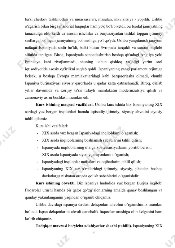g. jahon tarixi. t. 1999. // m. lafasov, u. jo‘rayev, e. xoliqov, d. qodirova. jahon tarixi. t. 2014. // kabirov a. jahon tarixi. t. 2001.] lafasov.m. "jahon tarixi". asari xix asr xitoy tarixi haqida koʻplab ilmiy maʼlumotlar keltirilgan hisoblanib unda ispaniyadagi ijtimoiy-iqtisodiy vaziyatlar bayon etilgan. shuhrat ergashev. "jahon tarixi". asarida ham qimmatli manbalardan biri hisoblanadi. bu asar jahon tarixining shu davrga mos boʻlgan koʻplab tarixiy jarayon va voqealarni oʻz ichiga oladi ispaniya davlatida inqiloblar yuzaga kelish jarayoni va uning oqibatlari haqida keng maʼlumotlar keltirilgan. tadqiqotning usullari. tarixiylik, tizimlashtirish, qiyosiy, muammoviy-xronologik hamda fanlararo yondashuv kabi ilmiy tadqiqot usullari hamda xolislik tamoyillaridan foydalanildi. tadqiqot natijalarining nazariy va amaliy ahamiyati. mavzu doirasida olib borilgan tadqiqotlar va olingan natijalar ispaniya davlatida inqiloblar davri, xix asrdagi inqiloblarga sabab boʻlgan omillar, ularning faoliyati kabi masalalarni yoritishda muhim o'rin tutadi. kurs ishida keltirilgan ma'lumotlar va ilmiy xulosalar. jahon tarixining tegishli bo'limlarini yozishda, shuningdek, jahon tarixi va markaziy …