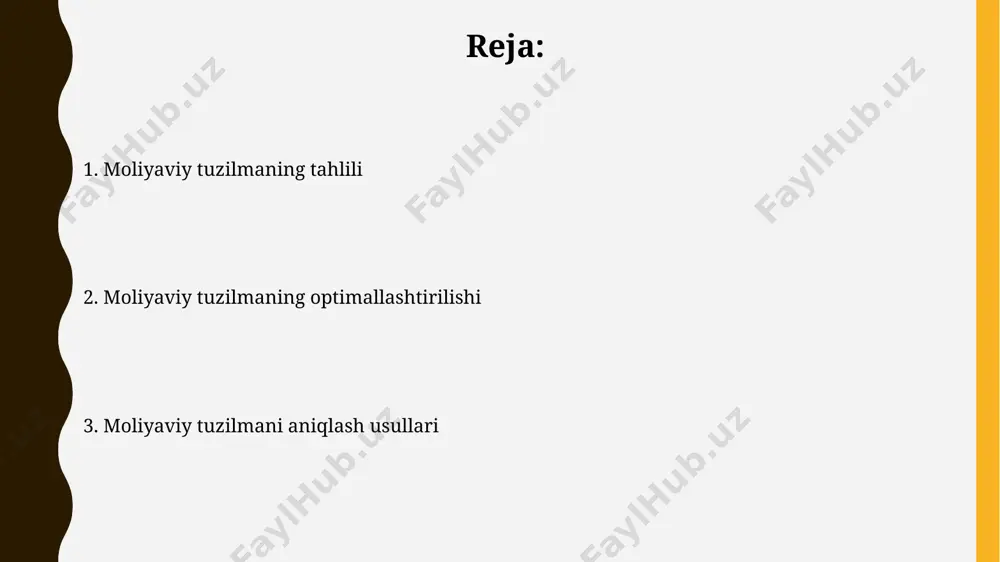 viy qarzni yuqori darajada egallagan kompaniyalar (masalan, 70% dan ortiq) past kapitalizatsiyaga ega bo'lgan kompaniyalar bilan solishtirganda yuqori xavf darajasiga ega va rentabellik ko'rsatkichlari past bo'lishi mumkin. qarz va egalik kapitalining nisbati qarz va egalik kapitalining nisbati 1:2 bo'lsa, bu kompaniya moliyaviy jihatdan ancha barqaror ekanligini ko'rsatadi, chunki egalik kapitalining ulushi yuqori. agar qarz va egalik kapitalining nisbati 2:1 dan oshsa, kompaniya yuqori darajada qarzga botirilgan deb hisoblanadi va moliyaviy xavf yuqori. moliyaviy ko'rsatkichlarni tahlil qilish kapitalizatsiya darajasi (o'z kapitali/aktivlar) 10% dan kam bo'lsa, kompaniyaning moliyaviy barqarorligi past va yuqori darajada qarzga bog'liq ekanligini bildiradi. rentabellik ko'rsatkichlari, jumladan, sof foyda marjasi (sof foyda/savdo hajmi) 5% dan kam bo'lsa, kompaniyaning rentabelligi past ekanligini ko'rsatadi va samaradorlikni oshirish zarur. qarz yuklamasi darajasi qarz yuklamasi darajasi 0,5 dan past bo'lsa, kompaniyaning moliyaviy barqarorligi yuqori deb baholanadi, bu esa investorlar uchun kam xavf demakdir. agar qarz yuklamasi darajasi 1,0 dan yuqori bo'lsa, kompaniya yuqori …