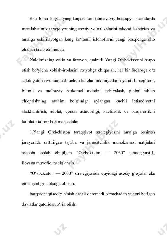 asi (yei delegatsiyasi) bilan hamkorlikda ishlab chiqilgan. o‘zbekiston respublikasida aholining ijtimoiy himoya qilinishining milliy strategiya konsepsiyasini amalga oshirilishini muvofiqlashtirish bo‘yicha respublika kengashi tarkibi tasdiqlanadi. quyidagilar: 2021 — 2030 yillarda o‘zbekiston respublikasida aholining ijtimoiy himoya qilinishining milliy strategiya konsepsiyasi; 2021 — 2030 yillarda o‘zbekiston respublikasida aholining ijtimoiy himoya qilinishining milliy strategiya konsepsiyasini amalga oshirish bo‘yicha «yo‘l xaritasi» tasdiqlanadi.o‘zbekiston respublikasi moliya vazirligi boshqa manfaatdor vazirliklar va idoralar bilan birgalikda 2021 yil 1 aprelgacha bo‘lgan muddatda vazirlar mahkamasiga 2021 — 2030 yillarda o‘zbekiston respublikasida aholining ijtimoiy himoya qilinishining milliy strategiyasini tasdiqlash to‘g‘risidagi qaror loyihasini kiritadi. amalga oshirilgan chora-tadbirlar to‘g‘risida har oyda o‘zbekiston respublikasi prezidentiga axborot kiritib borilsin. o‘zbekiston respublikasi prezidenti sh. mirziyoyev 2. “o’zbekiston – 2030”strategiyasi tamoyillari. i. har bir insonga o‘z salohiyatini ro‘yobga chiqarishi uchun munosib sharoitlarni yaratish 1.1. ta’lim tizimi islohotlari 1. maktabgacha ta’lim tizimini yangi bosqichga olib chiqish hamda bolalarning to‘liq qamrovini ta’minlash. bolalarni maktabgacha ta’lim va tayyorlov guruhlari bilan …