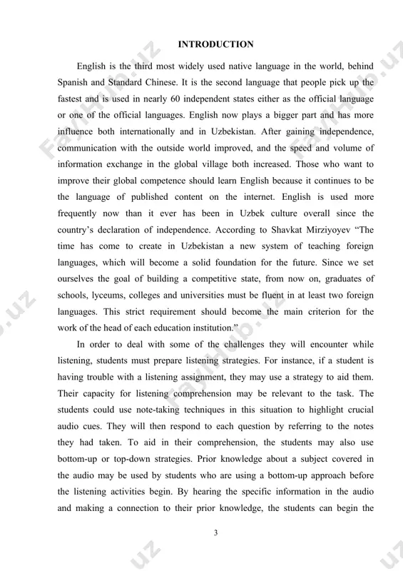 e note-taking techniques in this situation to highlight crucial audio cues. they will then respond to each question by referring to the notes they had taken. to aid in their comprehension, the students may also use bottom-up or top-down strategies. prior knowledge about a subject covered in the audio may be used by students who are using a bottom-up approach before the listening activities begin. by hearing the specific information in the audio and making a connection to their prior knowledge, the students can begin the listening exercises using a top-down approach. students’ listening preferences, techniques, and proficiency levels are highly correlated. in other words, during listening exercises, the students should be able to put their listening skills to use. students’ performance on listening exercises will also be influenced by the part that teachers play in teaching and learning activities in the classroom. for instance, teachers can lead and present …