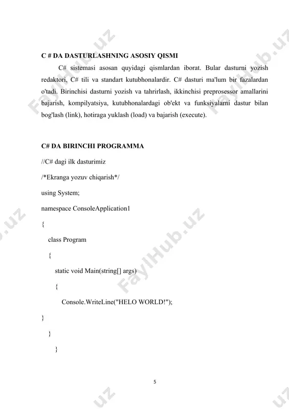 n return orqali qaytarilayotgan ifodani qavs ichiga olamiz. misol uchun return (6). bu qavslar majburiy emas, lekin bizlar ularni programmani o'qishda qulaylik uchun kiritamiz. c# da arifmetik amallar ko'p programmalar ijro davomida arifmetik amallarni bajaradi. c# dagi amallar quyidagi jadvalda berilgan. ular ikkita operand bilan ishlatdi. c# dagi amal arifmetik operator algebraik ifoda c# dagi ifodasi qo'shish + h+19 h+19 ayirish - f-u f-u ko'paytirish * sl s*l bo'lish / v/d, vod v/d modul olish % k mod 4 k%4 c# da qavslarning ma'nisi huddi algebradagidekdir. undan tashqari boshqa boshqa algebraik ifodalarning ketma-ketligi ham odatdagidek. ko'paytirish, bo'lish va modul olish operatorlari ijro ko'radi. agar bir necha operator ketma-ket kelsa, ular chapdan o'nga qarab ishlanadi. bu operatorlardan keyin esa qo'shish va ayirish ijro etiladi. mantiqiy solishtirish operatorlari c# bir necha solishtirish operatorlariga ega. algebraik ifoda c# dagi operator c# dagi ifoda algebraik ma'nosi tenglik guruhi = == x==y x tengdir y …