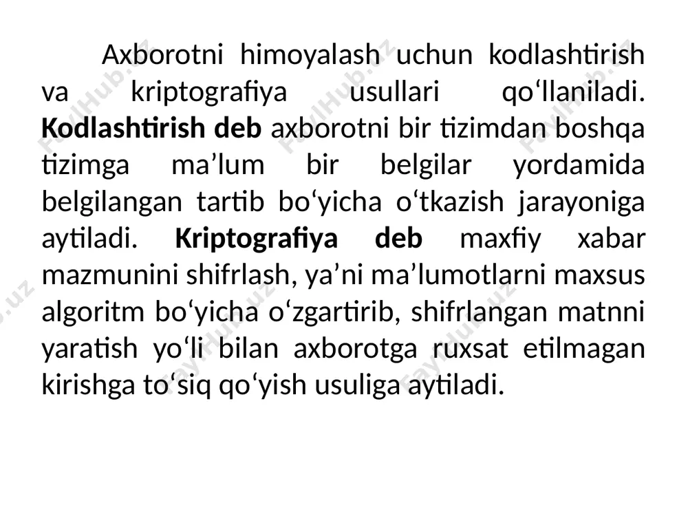 rishlarni tanlashni aniqlaydi. 2.kriptografiya, parol, shifr va kalit, shifrlash va qayta shifrlash to‘g‘risida tushuncha kriptografiya nuqtai nazaridan shifr – bu kalit demadir va ochiq ma’lumotlar to‘plamini yopiq (shifrlangan) ma’lumotlarga o‘zgartirish kriptografiya o‘zgartirishlar algoritmlari majmuasi hisoblanadi. kalit – kriptografiya o‘zgartirishlar algoritmining ba’zi bir parametrlarining maxfiy xolati bo‘lib, barcha algoritmlardan yagona variantini tanlaydi. kalitlarga nisbatan ishlatiladigan asosiy ko‘rsatkich bo‘lib kriptomustaxkamlik hisoblanadi. shifrlash - kriptografik o‘zgartirishni asosiy ko‘rinishidir. bu ochiq axborotni shifrlangan axborotga (shifrmatn) o‘zgartirish yoki shifrlangan axborotni ochiq axborotga teskari o‘zgartirish jarayonlaridir. ochiq axborotni yopiq axborotga o‘zgartirish jarayoni shifrlash, teskarisi esa - qayta shifrlash deb ataladi. shifrlash usullarining va shifrlarning ko‘plab turlari mavjud. shifrga hujum qilish-kriptotahlil qilish - kalitni bilmasdan turib, va mumkinki, shifrlash algoritmi to‘g‘risida ma’lumotlar yo‘qligida, yopiq axborotni qayta shifrlash jarayonidir. zamonaviy shifrlash usullariga quyidagi talablar qo‘yiladi: - kriptochidamlilik (kriptotahlil qilishga qarshi turish) shunday bo‘li-shi kerakki, shifrni ochish kalitlarini to‘liq tanlab olish masalasini yechish yo‘li bilan amalga oshirilishi kerak; - …