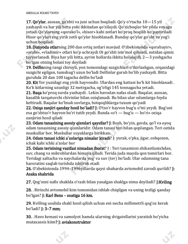 qiyat nechta asosiy omilga bog`liq? j:uch asosiy omilga bog'liq. 15. „ta’lim to ‘g'risida“gi qonunda ta'lim sohasidagi davlat siyosatining asosiy tamoyillari nechta? j:9ta 16. unli tovush-harflarning nechta xususiyatini o'quvchilar amaliy ravishda puxta egallashlariga erishish lozim? j:3xususiyati a) talaffuzda (og'izda) to'siqqa uchramasligi; b) cho'zib aytilishi; d) faqat ovozdan tashkil topishi abdulla xolbo`tayev 17. qo‘ylar, asosan, go‘shti va juni uchun boqiladi. qo‘y o‘rtacha 10—15 yil yashaydi va har yili bitta yoki ikkitadan qo‘zilaydi. qo‘zichoqlar bir yilda voyaga yetadi qo‘ylarning «qorako‘l», «hisor» kabi zotlari ko‘proq boqilib ko‘paytiriladi hisor qo‘ylari eng yirik zotli qo‘ylar hisoblanadi. bunday qo‘ylar go‘sht va yog‘i uchun boqiladi 18. dunyoda otlarning 200 dan ortiq zotlari mavjud. o‘zbekistonda «qorabayir», «arabi», «vladimir» otlari ko‘p uchraydi ot go‘shti iste’mol qilinadi, sutidan qimiz tayyorlanadi. biya har yili bitta, ayrim hollarda ikkita bolalaydi. 2—3 yoshgacha bo‘lgan otning bolasi toy deyiladi 19. delfinning rangi chiroyli, yon tomonidagi suzgichlari o‘tkirlashgan, orqasidagi suzgichi egilgan, tumshug‘i uzun bo‘ladi delfinlar guruh …