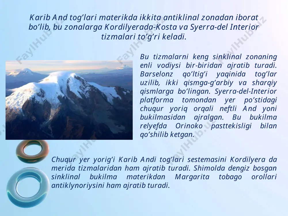 nd tog‘lari butun tog‘ sistemasining eng kengangan qismi bo‘lib, kengligi boliviyada 700- 800 km ga yetadi. janubiy kenglikning 11° dan janubda and tog’larining o’rta qismini yassi tog’lik egallagan bo’lib, ikki tomondan sharqiy va g’arbiy kordilyera tog’lari o’ragan. g’arbiy kordilyera tog’lari so’ngan va so’nmagan vulkanlardan tashkil topgan baland tog’ zanjiridan iborat. bular oxos-del-salado (6880 m), koropuna (6425 m), ualyagiri (6060 m), mnsti (5821 m) va boshqa vulkanlardir. boliviya g’arbiy kordil-yera tog‘lari and tog‘larining bosh suv ayirg’ichini hosil qiladi. janubiy (patagoniya) and tog‘lari tinch va qisman atlantika okeaniga quyiladigan ko’p daryolar muzlik hamda ko’llardan suv oladi. daryo vodiylari yer yuzasini chuqur o’yib kirgan. ba’zi hollarda vodiylar and tog’larini kesib o’tgan va sharqiy yonbag’irdan boshlanadigan daryolar tinch okeanga borib quyiladi. daryolar sersuv va jo’shqin bo’lib, burilib-burnlib oqadi, ularning vodiylari ba’zan kengayadi, ba’zan torayib, serostona tor daralar hosil qiladi. shu sababli daryolardan kema qatnovi uchun foydalanilmaydi. patagoniya and tog’lari yonbag’irlarini namsevar subarktika o’rmonlari qoplagan. …