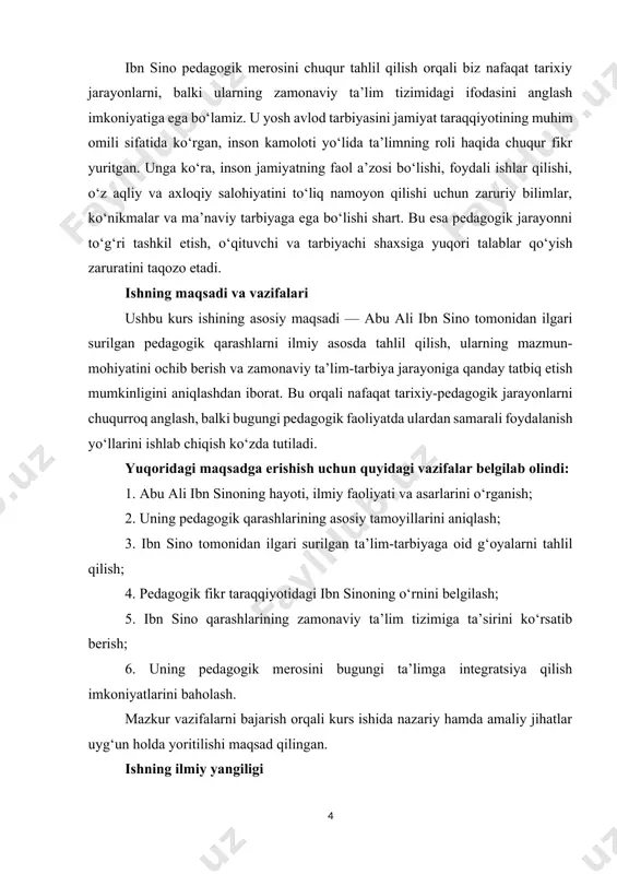 balki zamonaviy ta’lim amaliyotiga bevosita ta’sir ko‘rsatishi mumkin. zero, u ilgari surgan ta’lim tamoyillari bugungi o‘qituvchi va tarbiyachilar uchun muhim yo‘l-yo‘riq bo‘lib xizmat qiladi. u o‘z asarlarida inson ma’naviyatiga, axloqiy yetuklikka, aqliy tarbiyaning ahamiyatiga alohida urg‘u bergan. ayniqsa, bolalarni yoshligidan mehnatga, odob-axloqqa, aql va tafakkur orqali haqiqatni anglashga o‘rgatish haqida aytgan fikrlari zamonaviy pedagogik jarayon bilan uyg‘unlashadi. hozirgi kunda ta’limda kuzatilayotgan qator muammolar — masalan, yoshlar orasida kitobxonlikning sustligi, axloqiy qadriyatlarning yemirilishi, ta’lim sifati bilan bog‘liq masalalar — ibn sino qarashlariga tayanib hal qilinishi mumkin bo‘lgan masalalardir. uning fikricha, ilm olish – inson kamoloti uchun eng muhim vosita, bilim esa — jamiyatning eng asosiy boyligidir. bu tamoyil bugungi o‘zgaruvchan va raqobatbardosh muhitda ayniqsa dolzarbdir. ibn sino ta’limni shunchaki bilim berish vositasi sifatida emas, balki jamiyat taraqqiyotining asosi, insonni komillikka yetaklovchi kuch deb baholagan. shu bois, uning pedagogik merosini chuqur o‘rganish orqali hozirgi davrda ta’limni ma’naviy, axloqiy va intellektual yuksalish vositasi …
