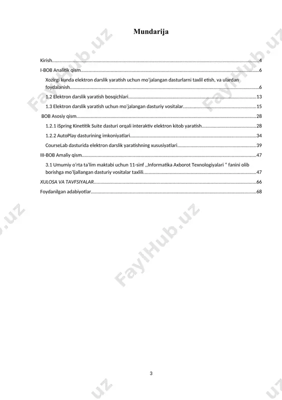 chiliklari haqida bilish va ularning imkoniyatlarini o’rganishdir. bugungi kunda oliy ta’lim talabalari uchun ,,moodle platformasi” ishga tushurilgan bu orqali masofadan turib bilim olish samarali bosqichlarda kundan kunga rivojlanib kelmoqda. menga berilgan bitiruv malaviy ishi mavzusi elektron darslik yaratish uchun mo’jjalangan dasturlarni tahlil etish va ulardan foydalanib, umumiy o’rta ta’lim maktabi uchun ,, informatika va axborot texnologiyalari “ fanidan elektron darslik yaratish loyixasini ishlab chiqish, mavzusi bo’yicha diplom ishi qilib chiqdim. bitiruv malakaviy ishimi qilishdan maqsad bugun kunda dolzarb masala bo’lib kelatotgan elektron darsliklarda zamonaviy pedagoglarni bugungi axborot texnalogiyalri davrida zamonaviy pedagog kadirlarni tayyorlab berish masalasidur. bugungi kunda kunga rivojlanib kelayotgan axborot kommunikatsiya texnologiyalari davrida oliy ta’lim va xalq talimi o’quvchilari uchun elektron darslar ishlab chiqish masalasi bugungi kunda davr talabi bo’lim qolmoqda. berilgan mavzuyim bo’yicha umumiy o’rta ta’lim maktablarida ,,informatika va axborot texnologiyalari “ fanidan courselab dasturida elektron darslik yaratib chiqdim, bundan asosiy maqsad umumiy o’rta ta’lim maktablari uchun elektron …