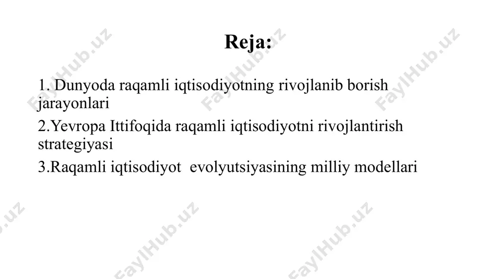 amli tafovutning qisqarishi kelajak ish o'rinlarini yaratishga tayyorgarlik. xavfsiz va ishonchli raqamli tizimlarni ishlab chiqish. internetga ulanishlar sonini oshirish uchun ko'proq mablag’ ajratish (2030 yilga kelib keng polosali tarmoqqa universal kirishni ta'minlash uchun 400 milliard aqsh dollaridan ko'proq mablag' kerak bo'ladi). 16.2.yevropa ittifoqida raqamli iqtisodiyotni rivojlantirish strategiyasi yei ittifoq ichida va undan tashqarida raqamli iqtisodiyotni tartibga solishda o‘z ta’sirini oshirmoqda. 2020-yilda qabul qilingan yevropa ittifoqining raqamli rivojlanish strategiyasi raqamli yagona bozorni yanada mustahkamlash va yevropa ittifoqining raqamli standartlarini xalqaro miqyosda ilgari surish chora-tadbirlarini nazarda tutadi. maqsadga erishish uchun ma'lumotlarni boshqarish, yangi avlod tarmoqlarini rivojlantirish (5/6g), onlayn platformalarni tartibga solish, kiberxavfsizlik, kelajakning ilg'or texnologiyalarini (sun'iy intellekt, kvant kompyuterlari) rivojlantirish muhim omil hisoblanadi. https://ec.europa.eu/eurostat/web/interactive-publications/digitalisation-2023 yevropa ittifoqida raqamli iqtisodiyotni rivojlantirish uchun qilinadigan masalalar 1. raqamli ko'nikmalar texnologik o'zgarishlar odamlar va korxonalardan yangi raqamli ko'nikma va malakalarga ega bo'lishni talab qiladi. yevropa ittifoqi maqsadiga ko'ra, 2030 yilga kelib, barcha katta yoshdagilarning kamida 80%i minimal …