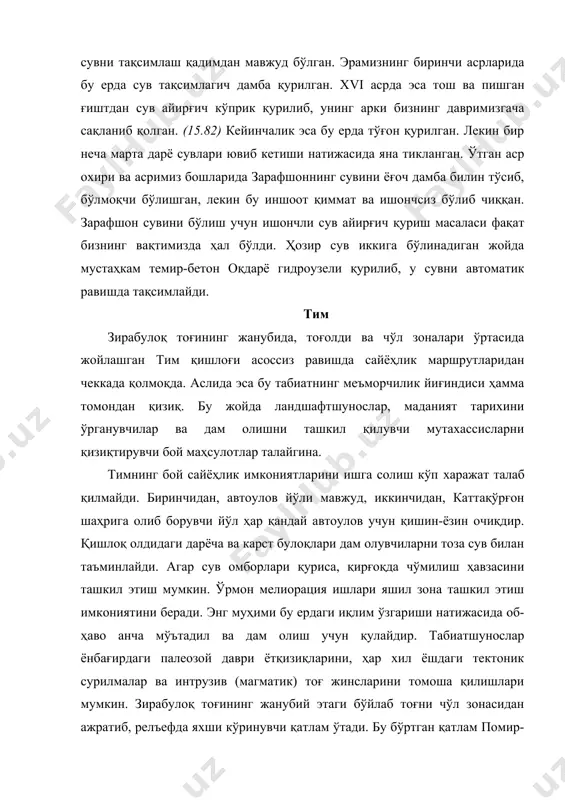 қолиб кетгандир. тоғ ёнбағрида кўп сонли қоялар, дарё ёқаларида эса карст булоқлари мавжуд. барча чўл ва паст тоғликларнинг таркибий қисмлари ўзаро боғлиқдир. ёш сайёҳлар учун бу икки зонанинг табиий географияси ўқув қуроли бўлиб хизмат қилиши мумкин. тимда минг йиллик арча бор бўлиб, у гўё қарнаб чўлидан келаётган жазирамага қарши кўкрак кериб турган паҳлавонга ўхшайди. тарихчилар учун тим бир ажойибхонадир. бу ерда петрогрифлар – ибтидоий одамлар чизган суратлар мавжуд. келажакда тимда ўтказиладиган археологик изчилликдан сайёҳлар топаётган тош қуроллар дарак беради. айниқса, меъморлик ёдгорликлари ҳақиқий хазинадир. улар ичида х асрда қурилган аработа мақбараси ажралиб туради. у ўрта осиёда жуда нодир. аработанинг ўзига хос хусусияти унинг гул билан безатилган равоғи бўлиб, у ўша давр меъморчилиги учун янгилик бўлган. аработа ёнида хii асрда қурилган масжид бор. улар ўртасида баланд тепалик қултепа бор бўлиб, бу жой vi-vii асрларда қаср бўлган. агар бу ёдгорликлар яхши таъминланса, тим қишлоғи учун энг яхши совға, сайёҳлар учун янги объект …
