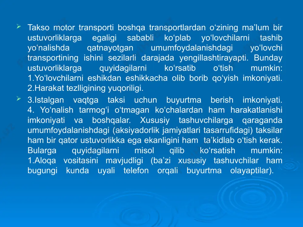 kerakki, unga buyurtma berilganida mijozni olish uchun yuriladigan masofa 2 kmdan ko‘p bo‘lmasin. taksi to‘xtash joylari yo‘lovchilarning ko‘p to‘planadigan joylarida,temir yo‘l shoh bekati, aeroport, teatr, savdo markazi, metro bekatlari va ayniqsa,bozorlar yaqinida tashkil etiladi. taksi to‘xtash joyi sonining ko‘payishi yengil avtomobil taksining yo‘lovchisiz yurish masofasini va buyurtmaga etkazib berish vaqtini kamaytiradi yengil avtomobil taksi to‘xtash joyi quyidagi belgilariga qarab ajratiladi: -joylashuv joyiga qarab-shahar,shahar atrofi, bozor yonidagi va hokazo; -doimiy yoki vaqtinchalik (faqat ma’lum soatlarda) to‘xtash joylari; -yo‘l yoqasidagi, yarimcho‘ntak yoki to‘liqcho‘ntak to‘xtash joylari; -er ostida,er bilan bir sathda,er ustida; -bir qavatli yoki ko‘pqavatli; -parallel,burchaksimon, perpendikulyar va hokazo. bir paytda to‘xtab turishi zarur bo‘lgan taksilarning soni ularga bo‘lgan talabni o‘rgnish orqali aniqlanadi. taksilarning to‘xtash joyini joylashtirishda va ularda harakatni tashkil etishda birinchi galda o‘zbekiston respublikasi “yo‘l harakati xavfsizligi to‘g‘risida” gi qonunda belgilab qo‘yilgan talablar bajarilishiga alohida e’tibor berilishi kerak. buning uchun taksilarning to‘xtash joylari yo‘l harakati xavfsizligi xizmati organlari bilan kelishilgan …