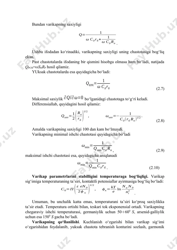 sidagi sig‘im; lk - diodni induktivligi; ruxsat berilgan zuriqish quvvati (rmax). 2.9. tunelli diod 1958 yilda yapon olimi esaki, r-n strukturada juda katta qo‘shimcha konsentratsiyasiga ega bo‘lganda (10191020 sm-3), 2.13-rasmda tasvirlanganidek anomal xarakteristikaga ega bo‘lishini aniqladi. oddiy dioddan farqli, tunnelli diodda nafaqat to‘g‘ri tokni, teskari tokni ham yaxshi o‘tkazib, to‘g‘ri shoxobchasida kamayuvchi qismga ega. ko‘p miqdorda legirlangan r-n struktura, anamal xarakteristikaga ega bo‘lib, tunnel effektiga ega bo‘lganligi uchun bunday diodlarni tunelli diod deyiladi. potensial barer torayishi bilan va uning balandligi kichiklashi bilan tunnel o‘tish ehtimoli ortadi. tunnel o‘tishda elektron energiyasi sarflanmay amalga oshiriladi. oddiy diodlarda nisbatan kam legirlangan qo‘shimcha konsentratsiyasi 1017 sm-3 dan yuqori bo‘lmaganda elektron-teshikli o‘tish qalinligi nisbatan katta va elektronlarni potensial barerdan tunnel o‘tish ehtimoli kam bo‘ladi. tunnelli diodlarda esa, qo‘shimcha konsentratsiyasi yuqoriligidan o‘tish qalinligi 0,01 mkm, ya’ni barer juda ham tor bo‘ladi. a) b) 2.13-rasm. tunelli diodning a) ulanish sxemasi, b) xarakteristikasi tunnelli diodda manfiy o‘tkazuvchanlik qismi …