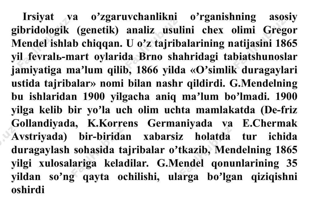 ha filalis - bolalar soʼzining) bosh harfi, uning tagiga yoziladigan son duragay yoshini nechanchi boʼgʼin ekanligini koʼrsatadi. chatishtirishga olingan organizmlar bir-biridan bir, ikki va uch juft belgilari bilan farq qilishi mumkin. shunga koʼra duragaylash – monogibrid, digibrid va trigibrid chatishtirish deb nomlanadi. dominantlik ajralish mustaqil taqsimlanish g.mendelьning ish uslubi: 1. chatishtirishga olingan oʼsimliklar bir-biridan keskin farq qiluvchi alьternativ belgilarga ega edi. 2. har bir oʼsimlik avlodini yakka-yakka ekib taxlil qilish. 3. duragay oʼsimlik avlodining belgilarini nasga oʼtishini miqdor jihatdan taxlil hisoblab, yaʼni sanash yoʼli bilan kuzatib taxlil qilish. jinsiy yoʼl bilan koʼpayishda oʼzining belgi yoki xususiyatini bir necha avlodlarga oʼzgartirmasdan oʼtkazib boradigan organizm genetikada gomozigotali organizm deyiladi. bunday organizm oʼxshash (bir xil) genlarga (allellarga) ega boʼlgan gametalarning qoʼshilishidan rivojlanadi. har xil (oʼxshash boʼlmagan) genlarga ega boʼlgan gametalarning qoʼshilishidan rivojlanadigan organizm geterozigota deb atalib, u har bir boʼgʼinda maʼlum darajada oʼzgarib boradi. монодурагай чатиштиришдаги ирсийланишнинг цитологик асослари. monogibrid chatishtirish. аgar chatishtirishga …