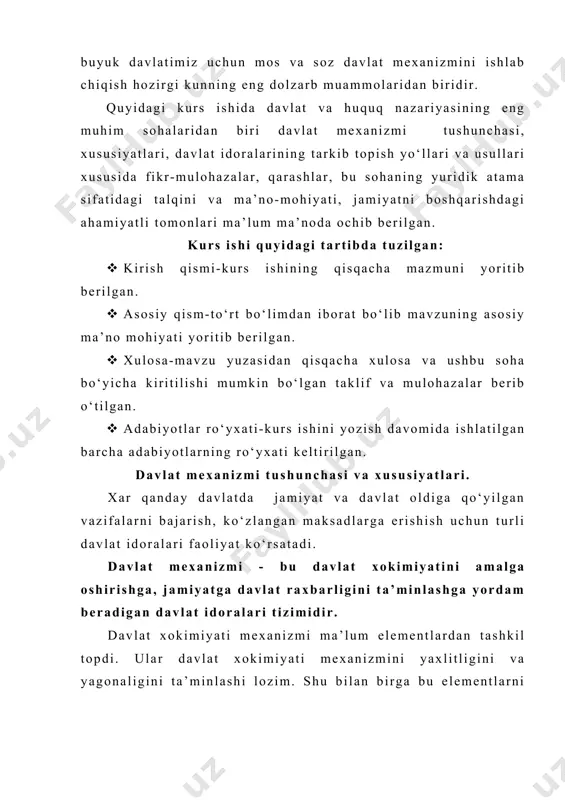i taxlil etganda yakkol ko‘zga tashlanadi. davlat mexanizmini o‘ziga xos xususiyatlari kuyidagilardan iborat: birinchidan, davlat mexanizmi boshkaruv (konun ijodkorligi, konunlarni ijro etish, ularga rioya kilishni muxofaza etish, odil sudlovni amalga oshirish) bilan maxsus shug’ullanadigan davlat xizmatchilaridan iborat. davlat xokimiyatining mavjudligi mansabdor shaxslar, armiya, ma’muriyati, sudyalarda, ya’ni davlpt xizmatchilarida o‘z ifodasini topadi. ikkinchidan, davlat mexanizmi idoralar va muassasalarning muayyan tizimidir, ular o‘zlarining bevosita xokimiyatga daxldor funksiyalarini amalga oshira borib, o‘zaro uzviy boglikdirlar. uchinchidan, davlat mexanizmi elementlarining faoliyati tashkiliy va moliyaviy vositalar, ma’lum xolatlarda esa, majburlov ta’siri bilan ta’minlanadi. to’rtinchidan, davlat mexanizmi o‘z fukarolarining xukuk va konuniy manfaatlarini kafolatlash va muxofaza etishi lozim. inson xukuklari va erkinliklari davlat xokimiyati mexanizmiga nisbatan birlamchidir. shuning uchun demokratik xukukiy davlat fakat amaldagi konunchilikni emas, ayni paytda ijtimoiy adolatni inson va davlat o‘rtasidagi munosabatlarda inson manfaatlari ustuvor bulishi kerakligini tan oladi. kishilik jamiyati rivojlanishining turli boskichlarida davlat mexanizmi o‘z xususiyatlari va uziga xos tarkibiga ega bulgan. …