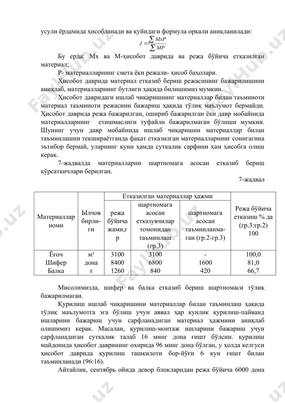 лан-ган сарфи 3 11 16 24 29 девор блокларнинг сони, дона қабул қилинган материаллар кун ҳисобот ойида етказилган материаллар сони 600 3 600 1200 6 1200 1400 7 1400 800 4 800 1800 7 1400 2000 - - - 27 5400 қурилиш ташкилотининг суткалик сарфи 200 дона бўлса, 1 сентябрдаги қолдиқ материаллар қурилиш ташкилотини 3 кун ёки бу 3 сентябргача иш билан таъминлайди (600:200). биринчи девор болклар 3 сентябрда қабул қилинган, бу корхона 6 кун иш билан таъминлаган (1200:200), яъни 9 сентябргача. 10 сентябрда корхонада блок бўлмаган: 11 сентябрда қабул қилинган блоклар корхонани 7 кун иш билан таъминлаган, 11-дан то 17 сентябргача. 16 сентябрда қабул қилинган блоклар уни 4 кун иш билан таъминлаган: 21-сентябргача. 22-23 сентябрларда корхонада блок бўлмаган. 24 сентябрда қабул қилинган болклар корхонани иш билан ойнинг охиригача таъминлаган: 7 кун. охирги қабул қилинган блоклар корхонанинг блоклар билан узлуксиз таъминлашга етмас эди. шундай қилиб, ҳисобот даврида корхона 27 кун …
