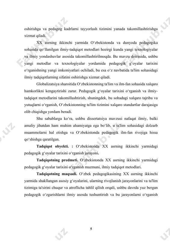 ) tahlil, kross-disiplinar yondashuvlar, shuningdek, raqamli texnologiyalar va sun'iy intellektning tadqiqot jarayonlariga integratsiyasi kabi yangi yondashuvlar tadqiqotning ilmiy yangiligini ta'minlaydi. · xx asrning ikkinchi yarmida o‘zbekistonda shakllangan pedagogik g‘oyalar va ularning rivojlanishi kontekstida noyob jihatlarni aniqlash va tahlil qilish. bu, mahalliy pedagogik an'analar va zamonaviy pedagogik nazariyalarning o‘zaro ta'sirini chuqurroq tushunishga imkon beradi. · o‘zbekistonda xx asrning ikkinchi yarmida yuz bergan ijtimoiy-siyosiy o‘zgarishlar fonida pedagogik g‘oyalar va ta'lim nazariyalari qanday rivojlanganini qayta baholash. bu, o‘sha davrdagi pedagogik islohotlar va g‘oyalar tarixini yangi nuqtai nazardan ko‘rib chiqish imkonini beradi. · tadqiqot natijalari asosida o‘zbekistonda pedagogik ta'lim va amaliyotni takomillashtirish bo‘yicha tavsiyalar ishlab chiqish. bu, xx asrning ikkinchi yarmida shakllangan pedagogik g‘oyalar va ularning zamonaviy ta'lim muhitiga integratsiyasi usullarini o‘z ichiga oladi. · o‘zbek pedagogik fikrining xx asrning ikkinchi yarmidagi rivojlanishini xalqaro miqyosda shakllangan pedagogik g‘oyalar va tendentsiyalar bilan taqqoslash. bu, o‘zbekistonda pedagogik fikrning xalqaro kontekstdagi o‘rnini aniqlashga yordam beradi va global …