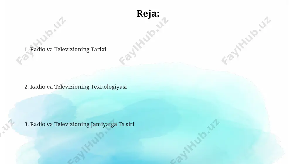 orlikni sezilarli darajada oshiradi. radio va televizionning jamiyatga ta'siri radioeshittirishlar, ayniqsa mahalliy radiostansiyalar, mahalliy madaniyat va an'analarning saqlanishi hamda tarqalishiga sezilarli hissa qo'shadi, shu bilan birga 10 dan ortiq til va lahjalarda uzatiladi. radio va televideniye ommaviy axborot vositalari sifatida jamiyat fikriga 70% dan ortiq ta'sir ko'rsatadi, bu esa siyosiy jarayonlarga ham sezilarli darajada ta'sir qiladi. televizion dasturlarining 85% ga yaqini omma manfaati uchun emas, balki tijoriy maqsadlarda, ya'ni reklama va reytinglarni oshirish uchun yaratilgan. radio va televizioning kelib chiqishi 1930-yillarda, ularning ommaviylashuvi bilan birga, radio va televideniye ommaviy axborot vositalari sifatida tez rivojlanib, siyosiy, ijtimoiy va madaniy hayotga kuchli ta'sir ko'rsata boshladi. televizioning rivojlanishi 1920-yillarda, elektron naychalar texnologiyasining yutuqlari bilan bog'liq holda, birinchi mexanik televizion tizimlarning paydo bo'lishi bilan tezlashdi. radio 19-asr oxirida, aniqrog'i 1895-yilda guglielmo markoni tomonidan ixtiro qilingan bo'lib, dastlabki efirlar cheklangan masofalarga yetardi. radio va televizion dasturlari turlari radio dasturlari 20 dan ortiq turga ega boʻlib, …