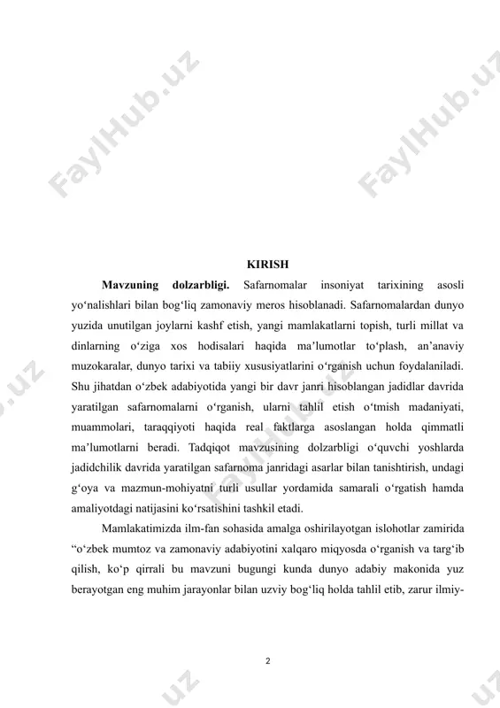 gi asarlar bilan tanishtirish, undagi gʻoya va mazmun-mohiyatni turli usullar yordamida samarali oʻrgatish hamda amaliyotdagi natijasini koʻrsatishini tashkil etadi. mamlakatimizda ilm-fan sohasida amalga oshirilayotgan islohotlar zamirida “o‘zbеk mumtoz va zamonaviy adabiyotini xalqaro miqyosda o‘rganish va targ‘ib qilish, ko‘p qirrali bu mavzuni bugungi kunda dunyo adabiy makonida yuz bеrayotgan eng muhim jarayonlar bilan uzviy bog‘liq holda tahlil etib, zarur ilmiy-amaliy xulosalar chiqarish katta ahamiyatga ega”[footnoteref:1] bo‘lib, mazkur ilmiy jarayonlar natijasida jadid davrida yaratilgan safarnoma va sayohatnoma mavzusidagi asarlarni kеng miqyosda o‘rganish adabiyotshunosligimizni yangi tahlil va qarashlar bilan boyitish zaruratini yuzaga kеltiradi. [1: o‘zbеkiston rеspublikasi prеzidеnti sh.m.mirziyoyеvning “o‘zbеk mumtoz va zamonaviy adabiyotini xalqaro miqyosda o‘rganish va targ‘ib qilishning dolzarb masalalari” mavzusidagi xalqaro konfеrеnsiya ishtirokchilariga yo‘llagan tabrigi // xalq so‘zi. 2018-yil 8-avgust. ] jahon adabiyotshunosligida safarnoma adabiy janrini o‘rganishga alohida diqqat qaratilmoqda. undagi aniq hisobot va axborot shaklidagi ma’lumotlar badiiy to‘qima bilan uyg‘unlashib, ham badiiy asar, ham ilmiy risolalik xususiyatlarini o‘zida jam etgan …
