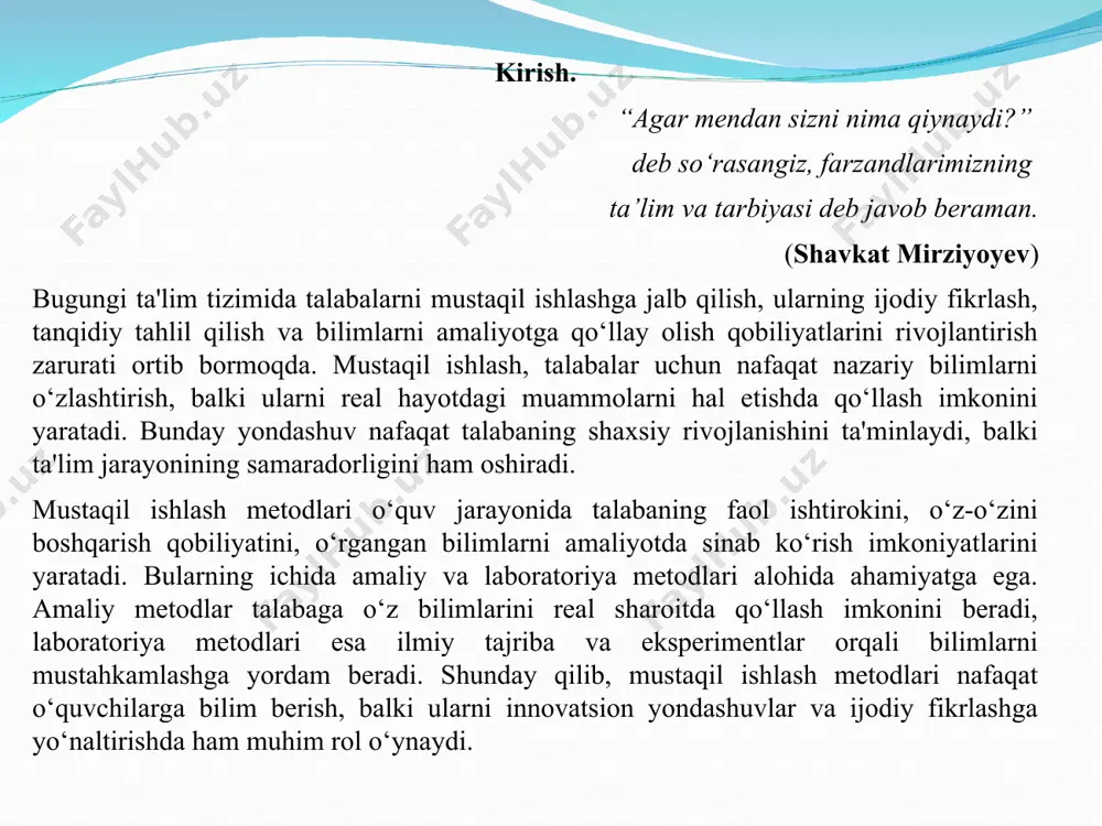i o‘zlashtirish va amaliy ko‘nikmalarni rivojlantirish imkonini beradi. bu metodlar o‘quvchilarga bilimlarni nafaqat nazariy tarzda, balki real sharoitlarda qo‘llashni o‘rgatadi. mustaqil ishlash metodlaridan ikki asosiy turi keng qo‘llaniladi: amaliy metodlar va laboratoriya metodlari. amaliy metodlar: amaliy metodlar talabalarga o‘z bilimlarini amaliyotda sinab ko‘rish imkoniyatini beradi. bu metodlar talabalarni mustaqil ishlashga, ko‘nikmalarini oshirishga, muammolarni hal qilishga o‘rgatadi. masalan, o‘quvchilarga real hayotdagi masalalarni yechish, loyiha ishlari, tahlil va eksperimentlar olib borish, va amaliy mashg‘ulotlar o‘tkazish kabi faoliyatlar kiradi. amaliy metodlar talabalarni tajriba asosida o‘rgatish va nazariy bilimlarni amaliyotda qo‘llashni rag‘batlantirishga xizmat qiladi. i.1. mustaqil ishlashning ta'rifi: talabalar tomonidan o‘z-o‘zini boshqarish va o‘z ishlarini tashkil qilish mustaqil ishlash — bu talabalar tomonidan ta'lim jarayonida o‘z bilimlarini o‘zgartirish, rivojlantirish va chuqurlashtirishda, o‘z-o‘zini boshqarish va o‘z ishlarini tashkil qilish qobiliyatlarini rivojlantirish jarayonidir. bu jarayon o‘quvchilarning faolligi va o‘zini-o‘zi nazorat qilishni o‘rgatadi, shu bilan birga o‘z maqsadlariga erishish yo‘lidagi barcha zarur ishlarni mustaqil ravishda amalga oshirishga …