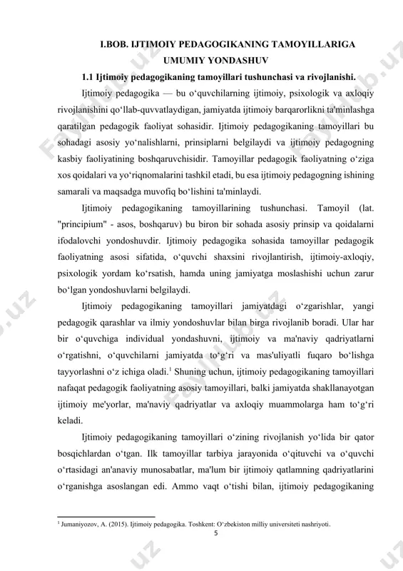 g rivojlanishi pedagogik jarayonda o‘quvchining xususiyatlari, ehtiyojlari, qobiliyatlari va qiziqishlarini hisobga olishni ta'minlaydi. 3. ma'naviy-axloqiy tamoyil: ijtimoiy pedagogikaning ma'naviy-axloqiy tamoyili yoshlarning axloqiy tarbiyasiga alohida e'tibor qaratadi. ushbu tamoyil ijtimoiy pedagogning asosiy vazifalaridan biri o‘quvchilarni axloqiy qadriyatlar, jamiyatda o‘z o‘rnini topish, adolat va haqiqat kabi prinsiplar asosida tarbiyalashdir. bu tamoyil o‘quvchilarga nafaqat bilim berishni, balki ularni jamiyatda to‘g‘ri va mas'uliyatli fuqarolar sifatida shakllantirishni maqsad qiladi. 4. ijtimoiy moslashuv tamoyili: bu tamoyil o‘quvchining jamiyatga moslashuv jarayonida uning ijtimoiy, psixologik va axloqiy rivojlanishini qo‘llab-quvvatlashni ta'minlaydi. o‘quvchilarni jamiyatdagi mavjud me'yorlarga, qonunlarga va ijtimoiy qadriyatlarga mos ravishda tarbiyalashda ijtimoiy pedagogning roli muhimdir. ushbu tamoyil o‘quvchilarga turli ijtimoiy va madaniy xususiyatlarga moslashishda yordam beradi. 5. tarbiyaviy birlik tamoyili: ta'lim va tarbiya jarayonining uyg‘unligi va yaxlitligi ham ijtimoiy pedagogikaning tamoyillaridan biridir. bu tamoyil ta'lim va tarbiya jarayonlarini bir-biriga moslashtirishni, ular orasida uyg‘unlikni ta'minlashni taqozo qiladi. ijtimoiy pedagog ta'lim va tarbiya jarayonida o‘quvchining ma'naviy, axloqiy va ijtimoiy rivojlanishini …