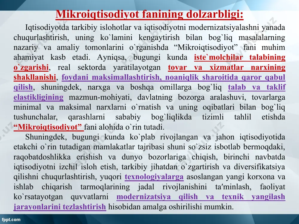 y, a division of macmillan, inc. пиндайк р., рабинфельд д.п32 микроэкономика / пер. с англ. — спб.: питер, 2011. — 608 с.: ил. (серия «классический зарубежный учебник»). campbell r. mcconnell, stanley l. brue, thomas p. barbiero. microeconomics. 557 бет. дарслик. 2015. salimov b.,mustafakulov sh., salimov d. mikroiqtisodiyot masalalar,namunalar,topshiriqlar,testlar. -t.: iqtisodiyot, 2013. максимова в.ф. микроэкономика: учебник. м:маркет дс, 2014. xodiyev b.yu., salimov b.t., yusupov m., salimov b.b. mikroiqtisodiyot: darslik. 2019. - 365 b. reja: “mikroiqtisodiyot” fanining predmeti, maqsadi va vazifalari mikroiqtisodiyot fanining o’rganish usullari o`zgаruvchаn miqdorlаrni o`lchаsh, tаqqoslаsh vа grаfiklаr yordаmidа tаhlil etish “mikroiqtisodiyot” fanining predmeti, maqsadi va vazifalari hаr qаndаy jаmiyat iqtisodiy rеsurslаr chеklаngаn shаroitdа o`zining ehtiyojlаrini mаksimаl qondirishgа intilаrkаn, kundаlik hаyotdа quyidаgi uchtа аsosiy vаzifаlar еchimini topishgа urinаdi: 1. nimаni ishlаb chiqаrish, ya′ni qаysi turdаgi tovаrlаr vа хizmаtlаrdаn qаnchа miqdordа ishlаb chiqаrish tаlаb etilаdi? 2. qаndаy qilib ishlаb chiqаrish, ya′ni tovаrlаr vа хizmаtlаr qаndаy tехnologiyalаrdаn foydаlаnib, qаysi yo`l bilаn …