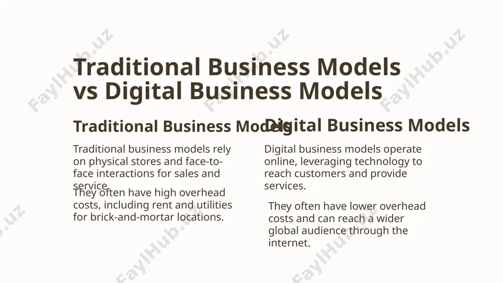 and exclusive perks upon upgrade. 5 peer-to-peer business models 1 direct interaction facilitates direct transactions between users 2 decentralized exchange allows users to exchange goods and services without intermediaries 3 collaborative consumption enables sharing resources among peers for mutual benefit peer-to-peer business models enable direct interaction, decentralized exchange, and collaborative consumption among users. these models leverage technology to facilitate direct transactions, without the need for intermediaries, fostering a culture of sharing and collaborative consumption in the digital economy. 6 platform business models platform business models leverage technology to facilitate interactions between producers and consumers. these platforms create value by connecting multiple user groups and enabling transactions or exchanges. examples include marketplaces, social media platforms, and app stores. 7 data-driven business models data-driven decision-making utilizes real-time data to drive strategies and decisions personalized customer experiences uses data analytics to tailor products and services for individual customers efficient resource allocation optimizes resource …