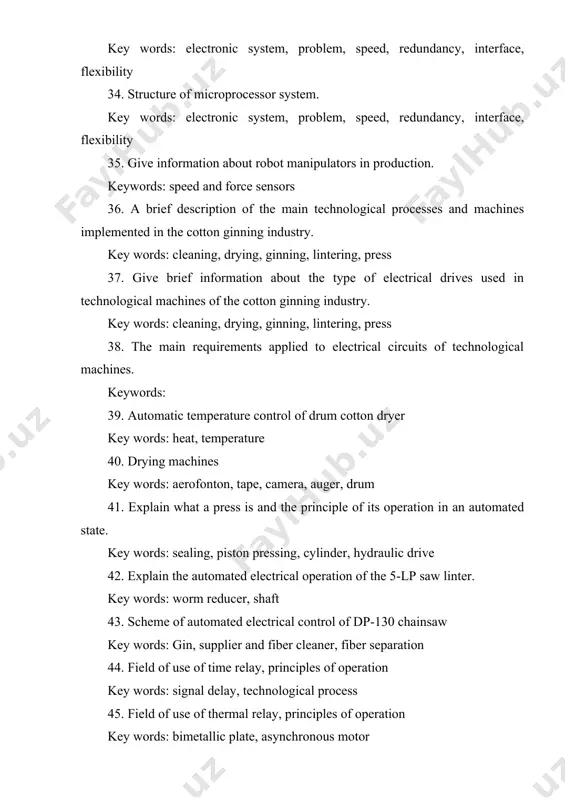 cal control of dp-130 chainsaw key words: gin, supplier and fiber cleaner, fiber separation 44. field of use of time relay, principles of operation key words: signal delay, technological process 45. field of use of thermal relay, principles of operation key words: bimetallic plate, asynchronous motor