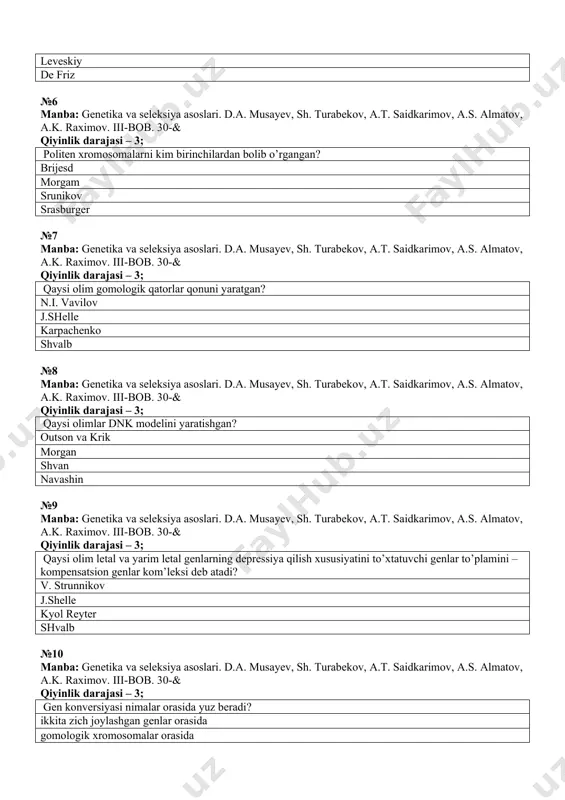, a.t. saidkarimov, a.s. almatov, a.k. raximov. iii-bob. 30-& qiyinlik darajasi – 3; qaysi olimlar dnk modelini yaratishgan? outson va krik morgan shvan navashin №9 manba: genetika va seleksiya asoslari. d.a. musayev, sh. turabekov, a.t. saidkarimov, a.s. almatov, a.k. raximov. iii-bob. 30-& qiyinlik darajasi – 3; qaysi olim letal va yarim letal genlarning depressiya qilish xususiyatini to’xtatuvchi genlar to’plamini – kompensatsion genlar kom’leksi deb atadi? v. strunnikov j.shelle kyol reyter shvalb №10 manba: genetika va seleksiya asoslari. d.a. musayev, sh. turabekov, a.t. saidkarimov, a.s. almatov, a.k. raximov. iii-bob. 30-& qiyinlik darajasi – 3; gen konversiyasi nimalar orasida yuz beradi? ikkita zich joylashgan genlar orasida gomologik xromosomalar orasida nogomologik xromosomalar orasida kki ko’chib yuruvchi genetik elmentlar orasida №11 manba: genetika va seleksiya asoslari. d.a. musayev, sh. turabekov, a.t. saidkarimov, a.s. almatov, a.k. raximov. iii-bob. 30-& qiyinlik darajasi – 3; genlarning qanday ta`siri ipak qurti kapalaklarini ko’zlari oq bo’lishiga sabab bo’ladi? rleyotrop …