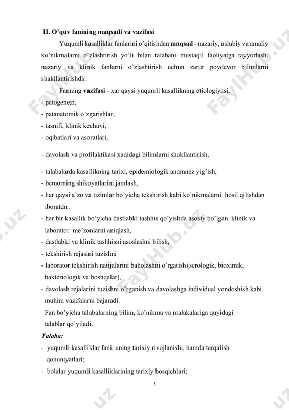 kultura, koprokultura, urinokultura, bilikultura, qusuq moddalari va oshqozon yuvindisi); - jigar perkussiyasi va palpatsiyasi; - peshobda o’t pigmentini aniqlash; - qonni «qalin tomchisini» tayyorlash; · quturish kasalligida yaraga birlamchi ishlov berish; · oshqozon yuvish qoidalarini bilish; · tozalovchi xo’knalarini qilish; - davolash xo’knalarini qilish; - teri orasiga allergik sinama qo’yish; - tomoqdan va burundan bakteriologik tekshirish uchun meningokokk, difteriya, ko’kyo’tal surtma olish, - “yo’tal plastinkalari” usuli; - steril sharoitda qon ekish qoidalarini bilish; - oral regidratatsiya, infuziol regidratatsiya o’tkazish ko’rsatmalari va suyuqliklar miqdorini aniqlash; - zardobni bezredko usulida yuborish ko’nikmalariga ega bo’lishi kerak; - yuqumli kasallik bilan og’rigan bemorning shikoyatlarini, kasallik va bemor hayoti tarixini, epidemiologik anamnezini metodik jihatdan to’g’ri va to’liq yig’ish; - bemorning a’zolari bo’yicha palpatsiya, perkussiya, auskultatsiya qilish; - yuqumli kasalliklarning erta tayanch-tashxisot belgilarini, asoratlarini aniqlab dastlabki tashhis qo’yish; · o’hshash kasalliklar bilan qiyosiy tashhisot o’tkazish; · laborator tekshirish rejasini tuzish va natijalarini tahlil qilishni; · klinik …