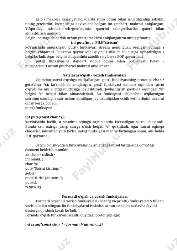 iritilgan satr: ”); puts(s); return 0;} formatli o‘qish va yozish funksiyalari formatli o‘qish va yozish funksiyalari - scanf() va printf() funksiyalari s tilidan vorislik bilan olingan. bu funksiyalarni ishlatish uchun «stdio.h» sarlavha faylini dasturga qo‘shish kerak bo‘ladi. formatli o‘qish funksiyasi scanf() quyidagi prototipga ega: int scanf(const char * [ ,...]) bu funksiya standart oqimdan berilganlarni formatli o‘qishni amalga oshiradi. funksiya, kirish oqimidagi maydonlar ketma-ket-ligi ko‘rinishidagi belgilarni birma-bir o‘qiydi va har bir maydonni satrida keltirilgan format aniqlashtiruvchi-siga mos ravishda formatlaydi. oqimdagi har bir maydonga format aniqlashtiruvchisi va natija joylashadigan o‘zgaruvchining adresi bo‘lishi shart. boshqacha aytganda, oqimdagi maydon (ajratilgan belgilar ketma-ketligi) ko‘rsatilgan formatdagi qiymatga akslanti-riladi va o‘zgaruvchi bilan nomlangan xotira bo‘lagiga joylashti-riladi (saqlanadi). funksiya oqimdan berilganlarni o‘qish jarayo-nini «to‘ldiruvchi belgini» uchratganda yoki oqim tugashi natijasida to‘xtatishi mumkin. oqimdan berilganlarni o‘qish muvafaqqiyatli bo‘lsa, funksiya muvafaqqiyatli aylantirilgan va xotiraga saqlangan maydonlar sonini qaytaradi. agar hech bir maydonni saqlash imkoni bo‘lmagan bo‘lsa, funksiya 0 qiymatini …