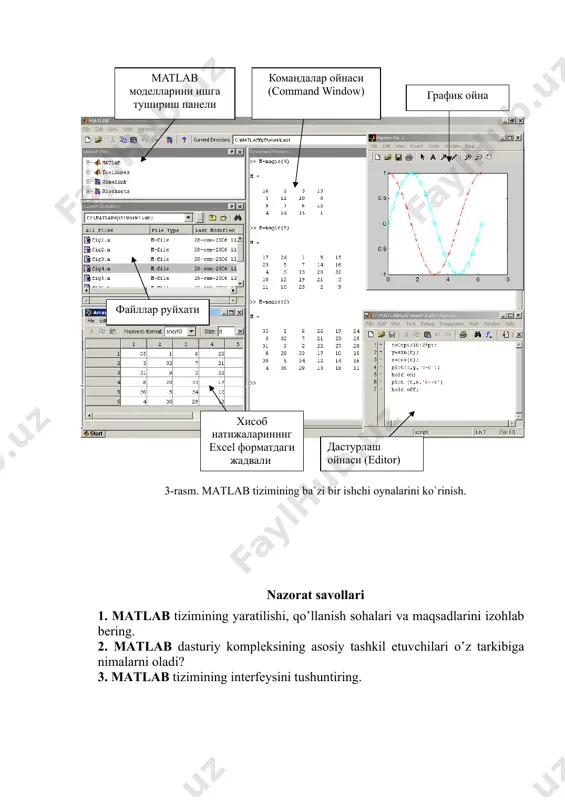 atlab tizimida matritsalar ustida amallar. ma`ruza rejasi: 1. matlab dasturiy kompleksida matritsa 2. matritsa elementlari ustida amallar 3. matlab da vektor va matritsalar ustida amallar bajaradigan funksiyalar. tayanch iboralar: matritsa, m-faylda, al’breht dyurer, command window, simulink, power system blockset. 16.1. matlab dasturiy kompleksida matritsa matlab dasturiy kompleksida matritsa bu qator va ustunlardan iborat sonlar massivi. matlab da matritsa elementlarini bir nechta usulda kiritish mumkin: - matritsa elementlarining to`liq ro`yhatini kiritish; - tashqi fayldan matritsa elementlarini yuklash; - ichki funksiyadan foydalangan holda matritsa elementlarini ishlab chiqish; - m-faylda mavjud funksiyalar orqali matritsa elementlarini hosil qilish. matritsa elementlarining to`liq ro`yhatini kiritish oddiy usul bo`lib, bunda matritsa elementlari kvadrat qavs [ va ] lar oralig’ida kiritiladi. uning satr elementlari probel yoki vergul orqali ajratib ko`rsatiladi va starni tugashi nuqta-vergul (;) bilan belgilanadi. quyida al’breht dyurerning g’aroyib matritsasi elementlarini matlab da kiritish va ular ustida amallar bajarishni ko`rib chiqamiz. al’breht dyurerning matritsasining g’aroyibligi shundaki, …