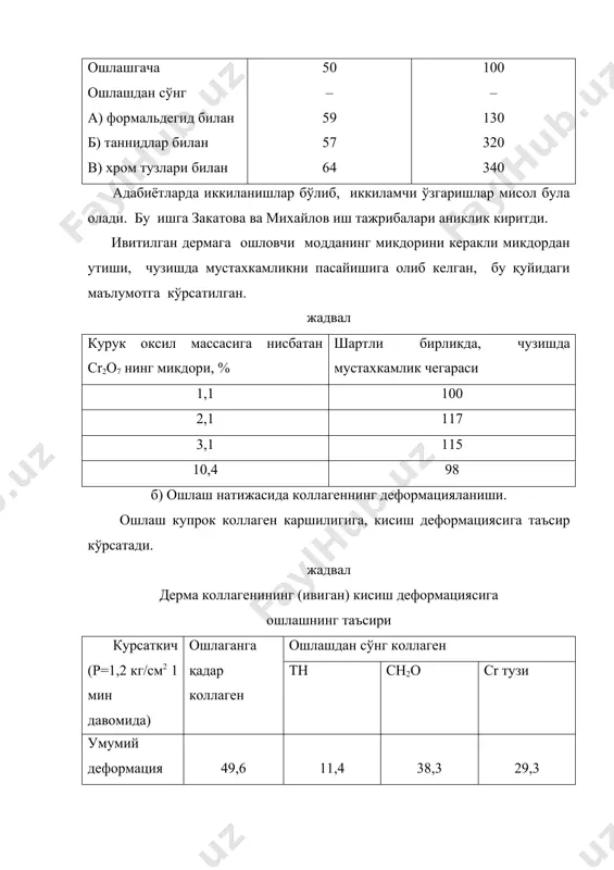 нинг юқорида кўрсатилган курсаткичларини ўзгариши қуйидаги жадвалда келтирилади. жадвал турли хил ошловчиларнинг дерманинг шакллантириш курсаткичлари курсаткич ошланганга қадар ошлашган сўнг танид формальд cr тузл. тахминий солиштирма огирлик 1,28 0,72 0,63 0,57 хажмни шакллантириш коэф., % 25,6 100,5 52,5 68,0 ҳажмий чикиш, см3 92 306 191 225 100 г коллагенга органик ошлов-чилар микдори, % – 119,9 3,0 5,2 жадвалдан куриниб турибдики, танидлар купрок шакллантириш кобилиятига эга экан. ошланган коллагендан нам чикиб кетиш жараенида кискариш кучи камаяди, лекин бутунлай йук бўлиб кетмайди. куритиш жараёнида коллаген структура элементлари бир-бири билан богланса, улар ёпишмайди. бу эса, ошлаш унумининг муҳим кўринишидир. ошланган дермада структура элементлари бир-бири билан якинлашади, қутбли гуруҳлар эса якинлашиши ҳаракатига эга бўлади. ошлаш жараенида коллагеннинг иссиқликга чидамлилигининг таъсири 1915 йили поварнин. г. г аниклаб айтган эдики, дермани ошлашдан сўнг унинг ҳароратга чидамлилигини ошиши, ошлашнинг муҳим куринишларидандир. дермада ҳосил бўладиган қўшимча кундаланг боғланишлар, пишиш ҳароратининг ошишини кўрсатади. жадвал дермани пишиш ҳароратига ошлашни таъсири …