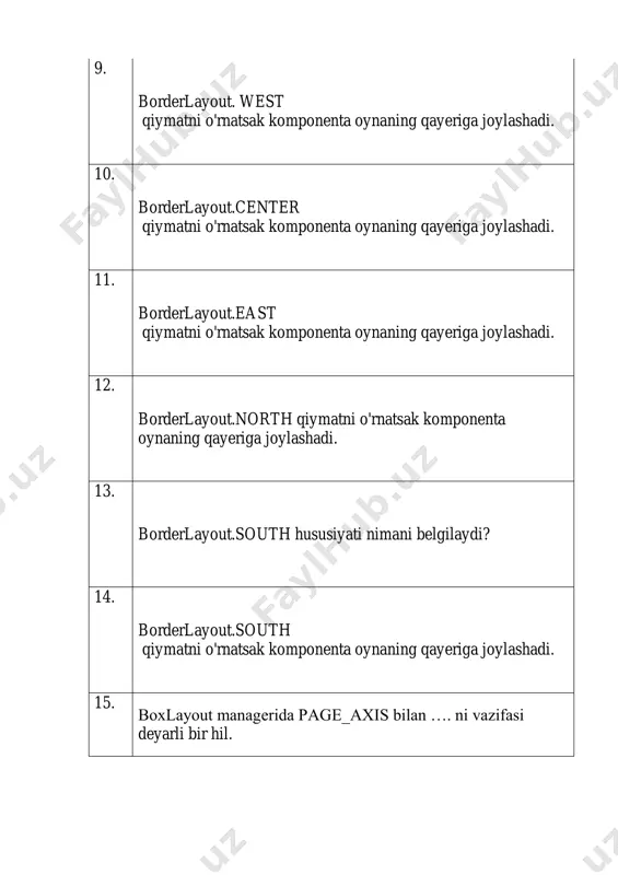 omponenta oynaning qayeriga joylashadi. 37. flowlayout.right qiymatni o'rnatsak komponenta oynaning qayeriga joylashadi. 38. flowlayout.trailing qiymatni o'rnatsak komponenta oynaning qayeriga joylashadi. 39. font klassi javaning qaysi tarkibida joylashgan? 40. for(int i=0;i datamodel) ta’rifi. 106. joptionpane (). nima? 107. joptionpane dagi error_massege nima? 108. joptionpane ning asosan qaysi turiga standart tugmalar joylasa bo'ladi? 109. joptionpane qanday qiymat qaytaradi? 110. joptionpane.showconfirmdialog ning standart tugmalarini belgilang 111. joylashuv menejerlarida x va y o’qlari bo'ylab joylashish uchun faqat … menejeri kerak. 112. joylashuv menejerlarini qaysi kutubxona bazasi sinfiga kiritilgan? 113. jpanel b=new jpanel(); qavs ichiga nima yozsa bo'ladi? 114. jpanel jbutton =new jpane(); kod vazifasi 115. jpanel p=new jpanel(); p.setpreferedsize(new dimension(600,200); nima vazifani bajaradi? 116. jprogressbar scrollbar = new jprogressbar(); bu yerda qanday ish bajariladi 117. jradiobutton komponentasining nechta konstruktori mavjud? 118. jscrollpane qanday komponenta? 119. jtextfield komponentasining nechta konstruktori mavjud? 120. jtextfield ning editable xususiyati nima? 121. jtextfield16 nomli komponentaga tahrirlashga ruxsat qanday buyuruq …