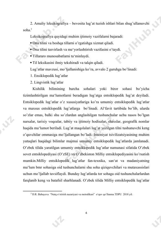 ug’atlar tor o’quvchilar ommasi – tilshunoslik bilan shug’ullanuvchilar va boshqa ilmiy tadqiqotlarga mo’ljallangan bo’ladi. morfem, chastotali, terminologik, ters, o’zlashma so’zlar, frazeologizmlar, dialektizmlar, sinonimlar, antonimlar lug’atlari kiradi. lug’atlar uch belgisiga ko’ra tasnif qilinadi: 1. hajmiga ko’ra 2. so’zlikning berilish usuliga ko’ra. 3. maqsadiga ko’ra. i. hajmiga ko’ra lug’atlar katta, o’rtacha va kichik lug’atlarga bo’linadi. hajman keng qamrovli, muayyan soha bo’yicha barcha ma‘lumotlarni qamrab olgan mukammal lug’atlarga katta lug’at yoki akadem lug’at deyiladi. bunday lug’atlar ko’pincha izohli, tarixiy, imlo bo’yicha tuziladi. o’zbek tilida bunday lug’at hali yaratilmagan. uni tuzish masalasi 1928 yilda lug’at tadqiqotchisi r.trench tomonidan ko’tarilib, 1933 yilda «trench lug’at» nomi bilan 12 tomda nashr etilgan.o’rtacha lug’atlar tipiga me‘yoriy lug’atlar kiritiladi. «o’zbek tilining izohli lug’ati» (1981), «ruscha-o’zbekcha lug’at» (1950-55), «o’zbekcha-ruscha lug’at» (1959), barcha imlo lug’atlari, mavjud mavzuviy lug’atlar, ters, dialektologik lug’atlar o’rtacha lug’atlarga kiradi. hajman tor qamrovli bo’lib, shu soha ma‘lumotlarini to’la qamrab olganda ham bir-ikki kitobdan oshmaydigan lug’atlarga kichik lug’atlar …